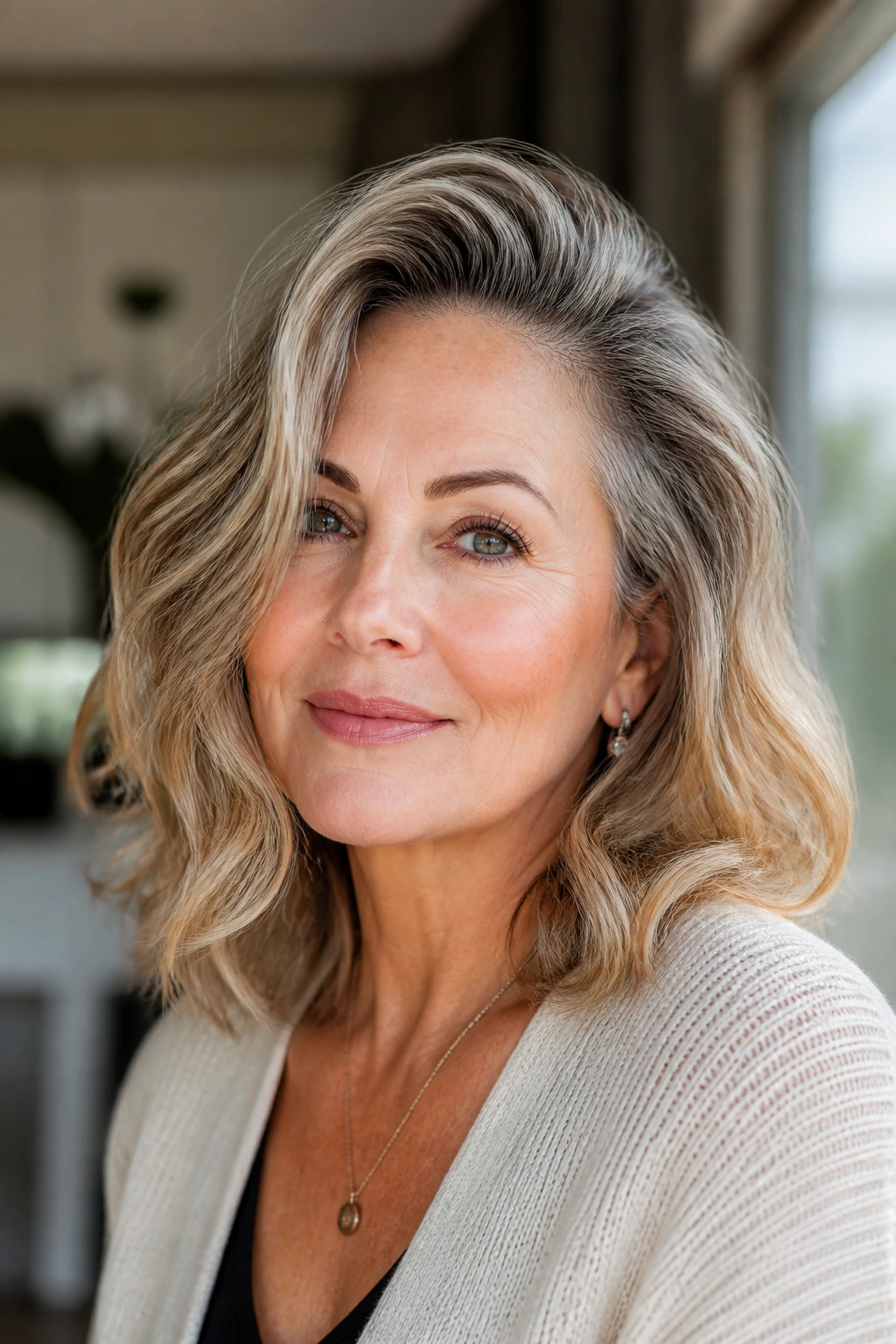 Real woman with deep side part and temple lift in wavy hair
