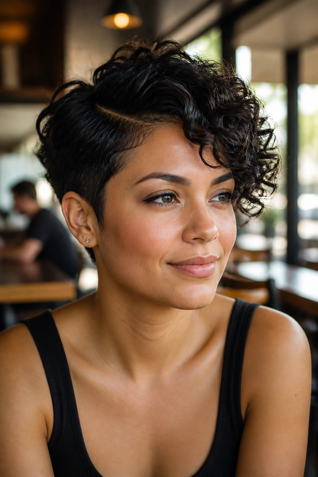 Close-up of a real person with a deep side-part textured curly crop
