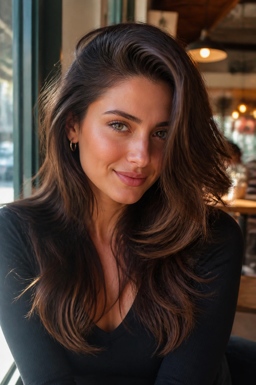 Close-up portrait of a real woman with a deep side part and dramatic weight shift.