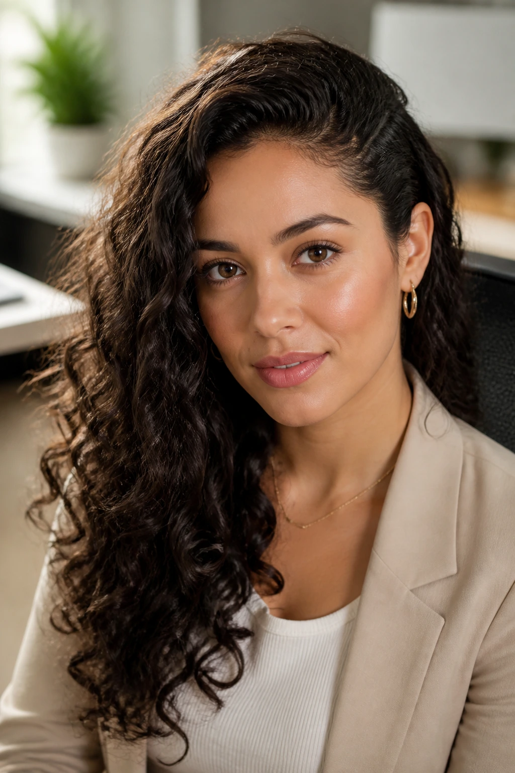 Portrait of a person with deep side part and one-side tuck hairstyle