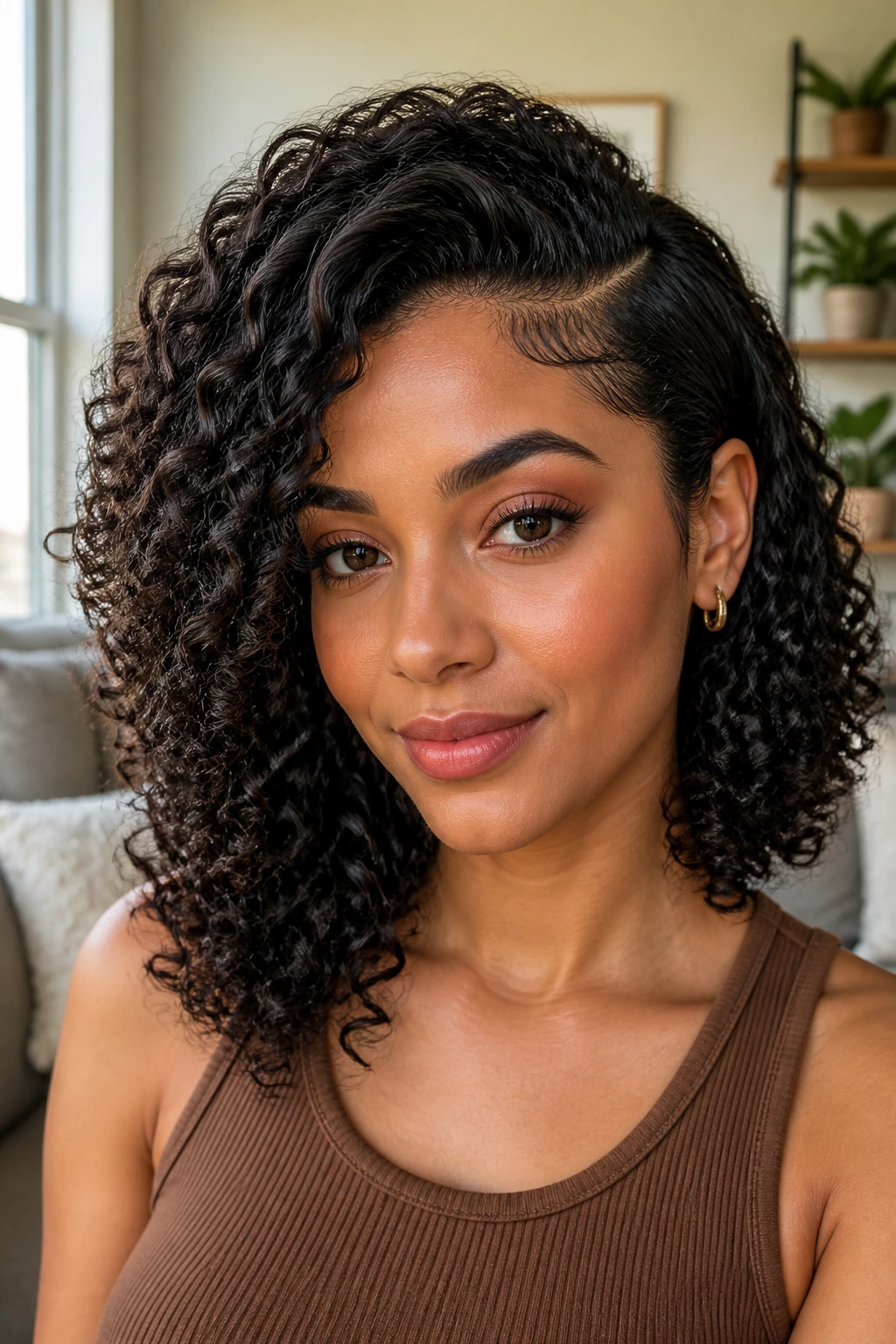 Close-up of a real person with a deep side part and tucked side curls