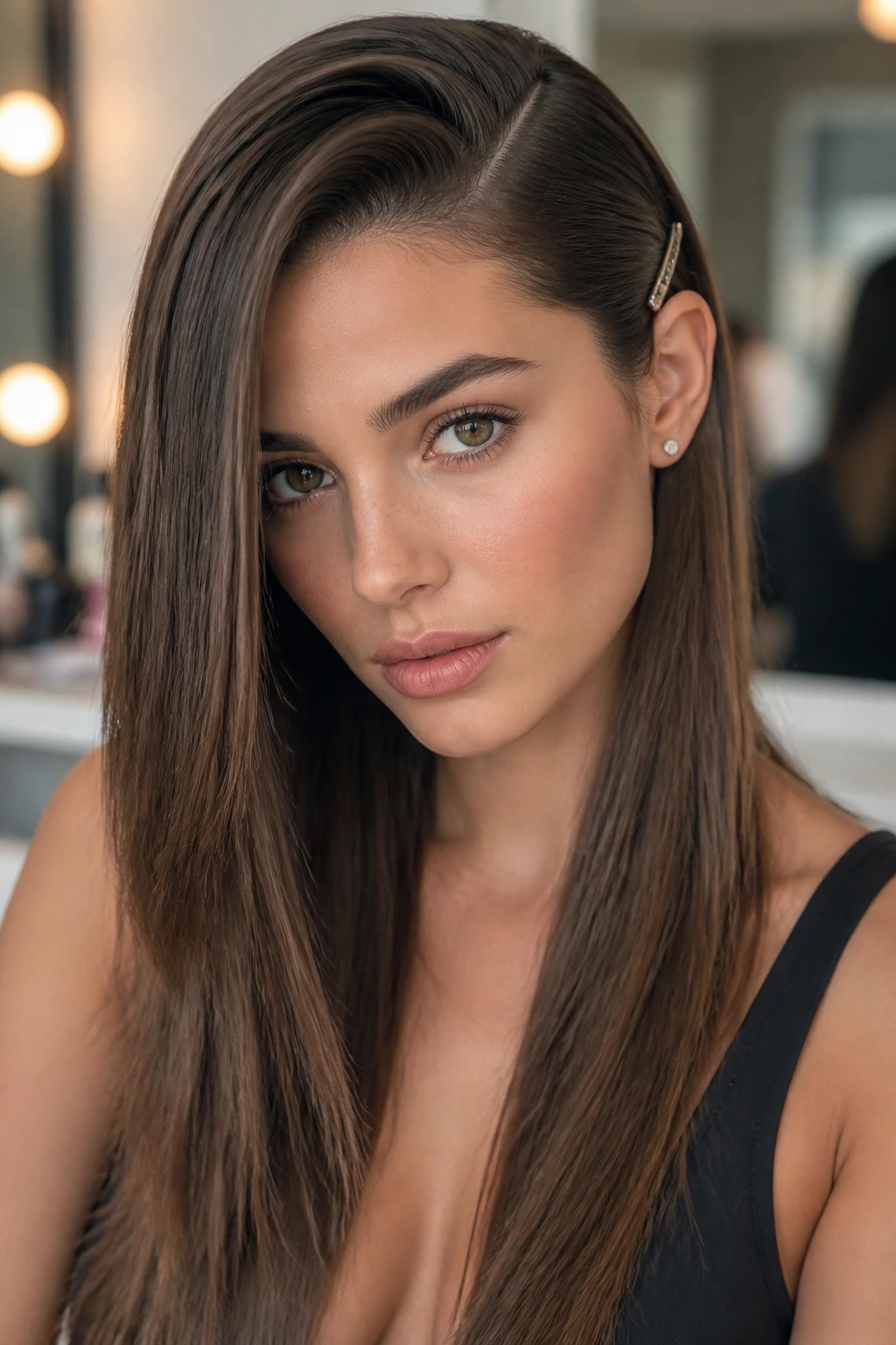 Close-up of a woman with a deep side part and one side tucked behind the ear with a barrette