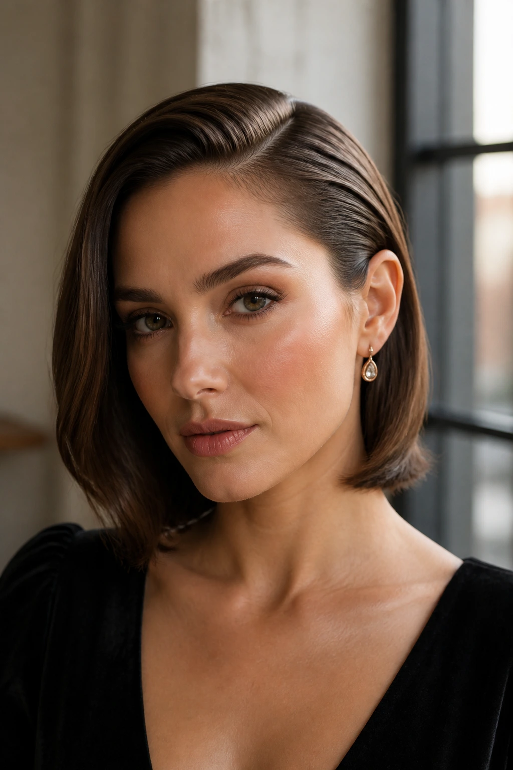 Portrait of a real woman with a deep side part and tucked ends hairstyle.