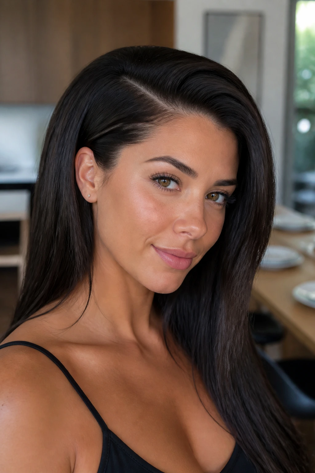 Close-up portrait of a real woman with deep side part and tucked front hairstyle