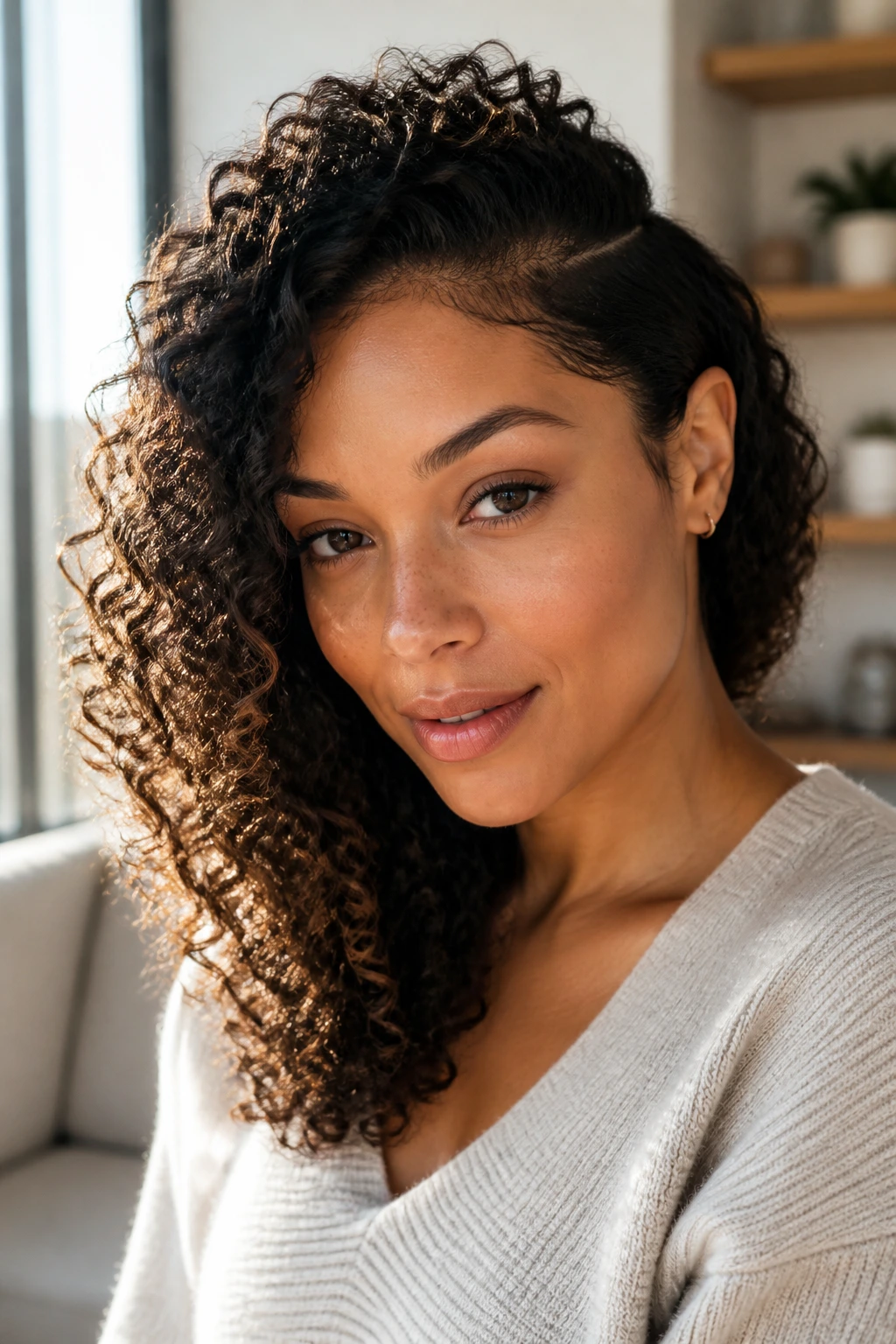 Portrait of a woman with a deep side part and one-side tuck