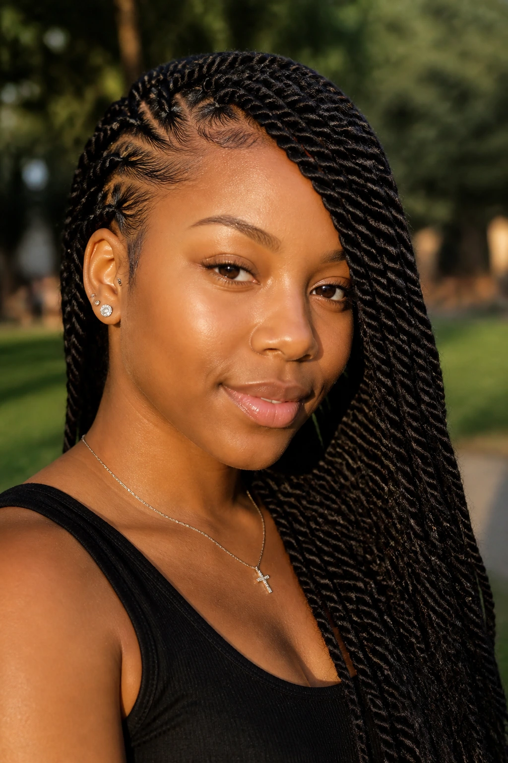 Real woman with a deep side-part Senegalese twists in a dramatic diagonal fall