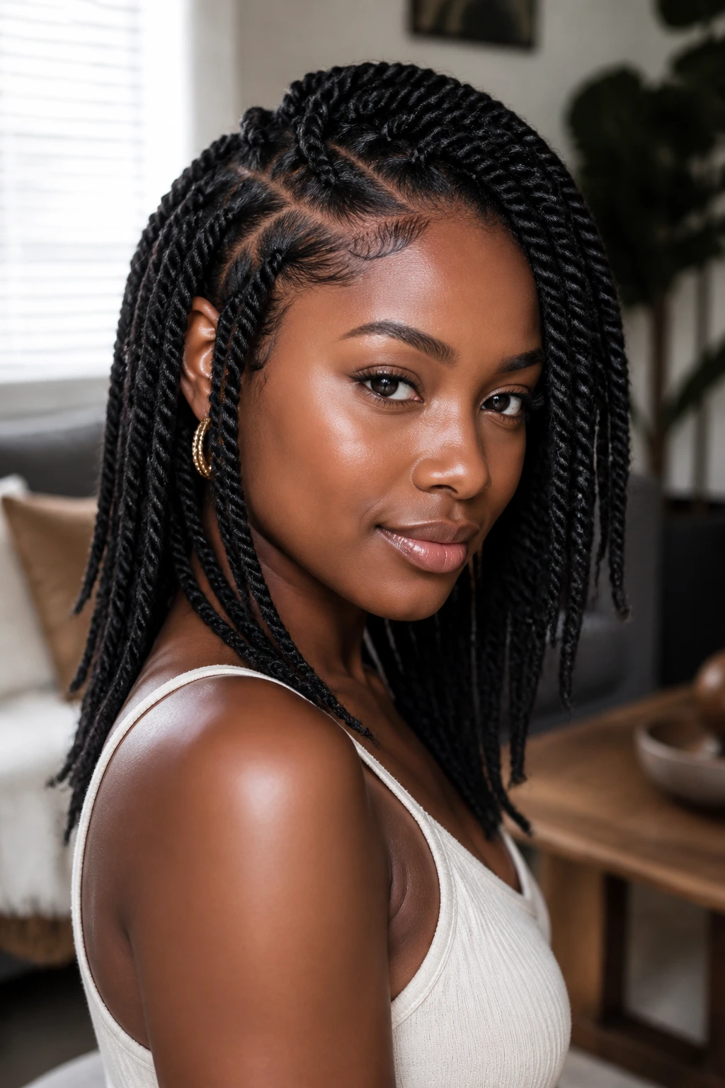 Portrait of a real person with a deep side-part and face-framing twists