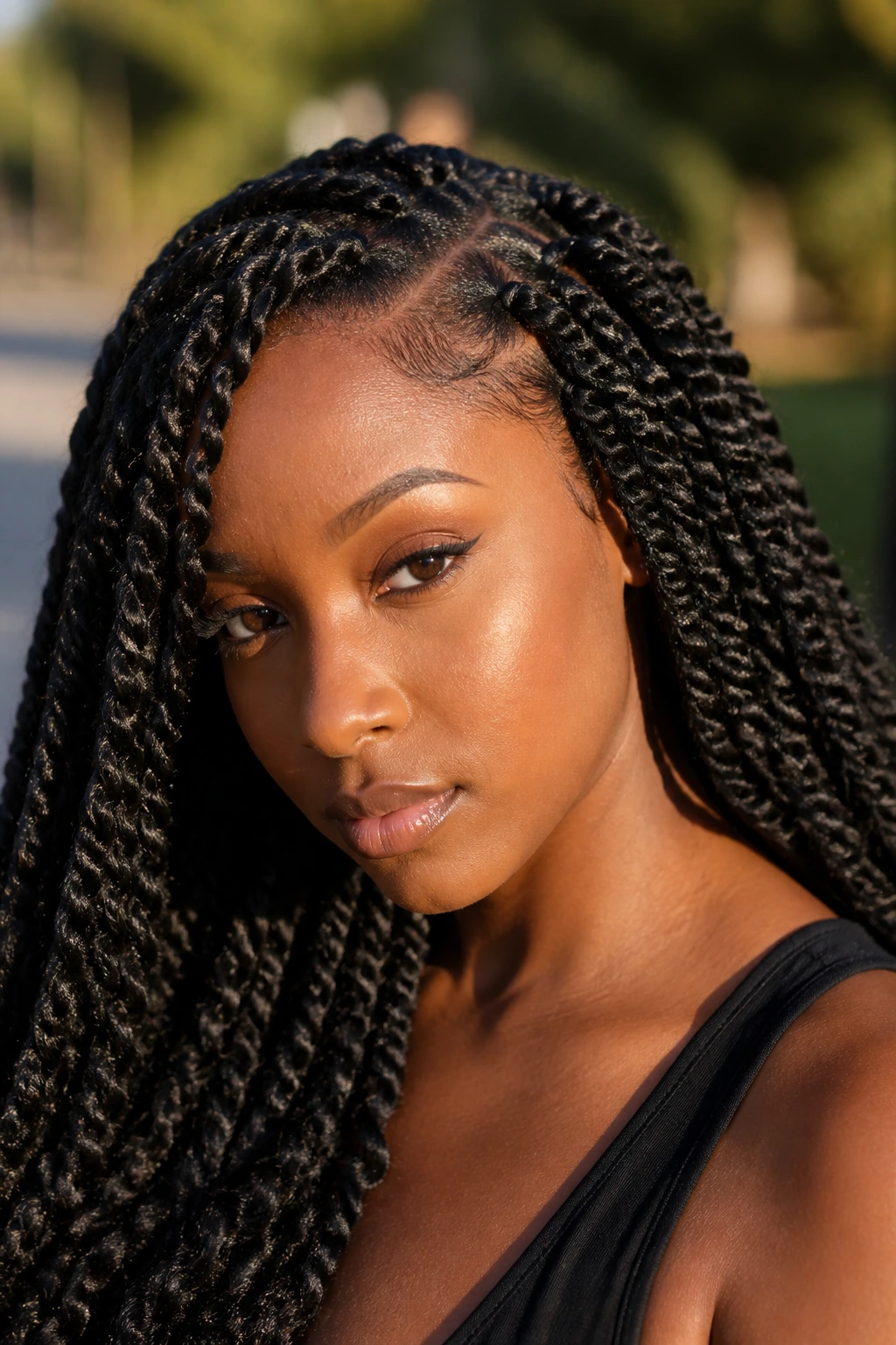 Portrait of a woman with deep side-part passion twists