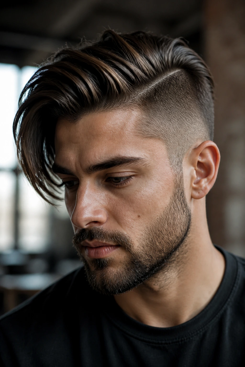 Close-up portrait of a real person with a deep side part swept over an undercut in moody light.