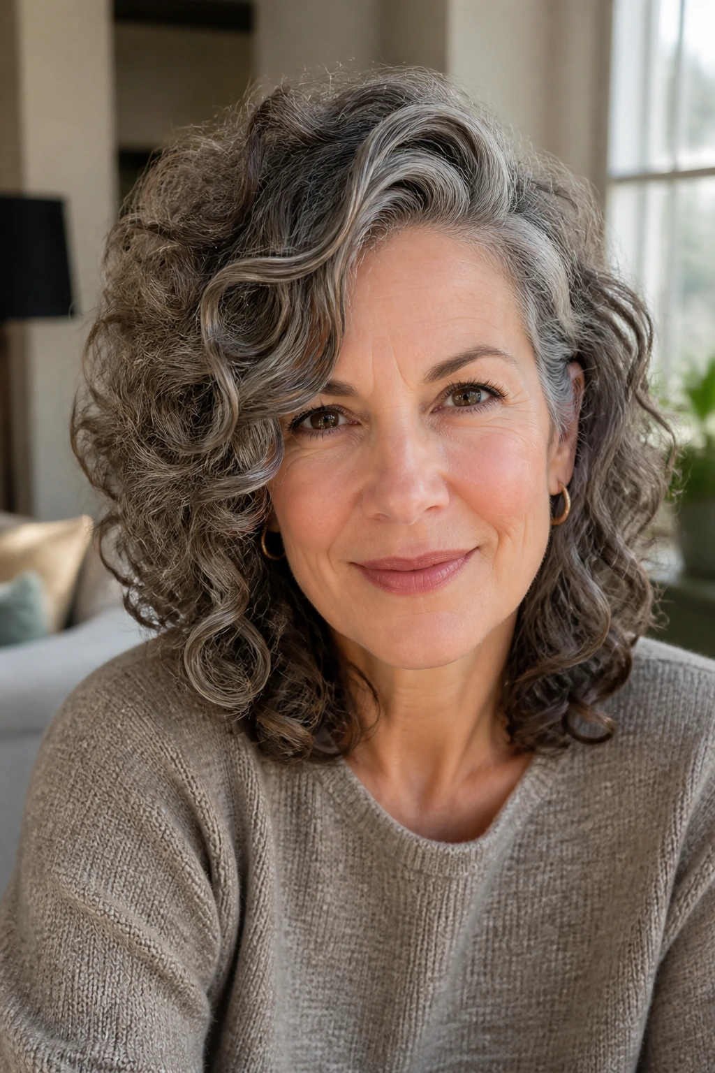 Close-up of a woman showing a deep side-part and volume sweep