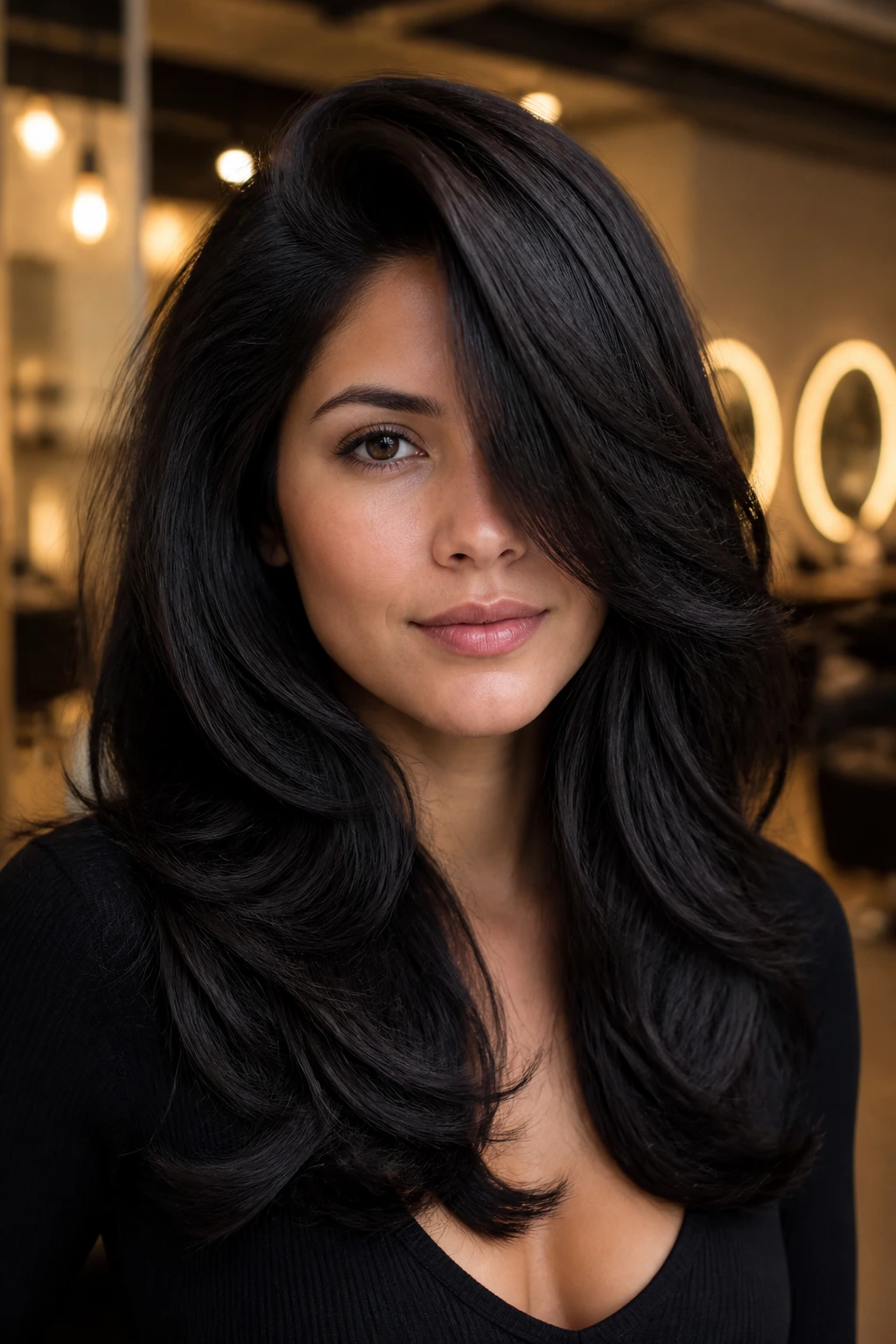 Close-up of woman with deep side-part and voluminous layered dark hair.