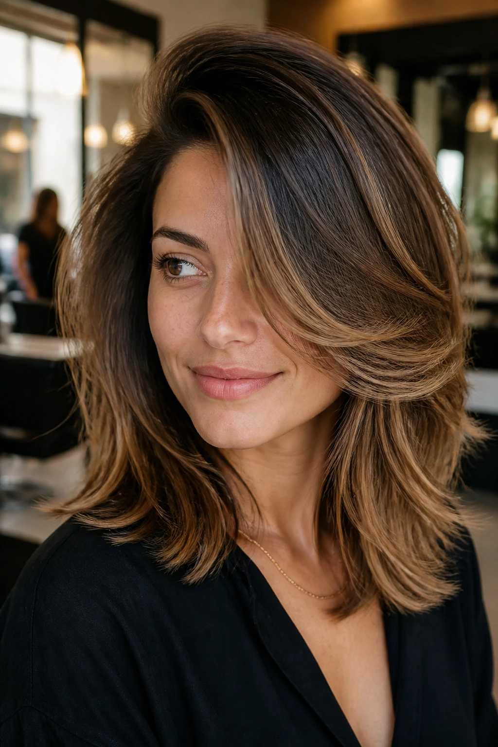 Close-up of a real woman with a deep side-part and volume-boosting layers in a chic salon