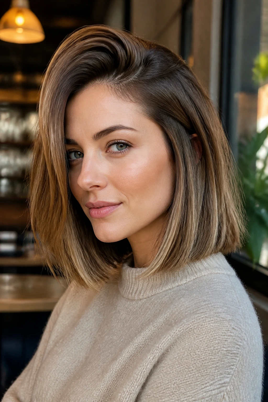 Close-up portrait of a real person with deep side-part volume lob under warm cafe light