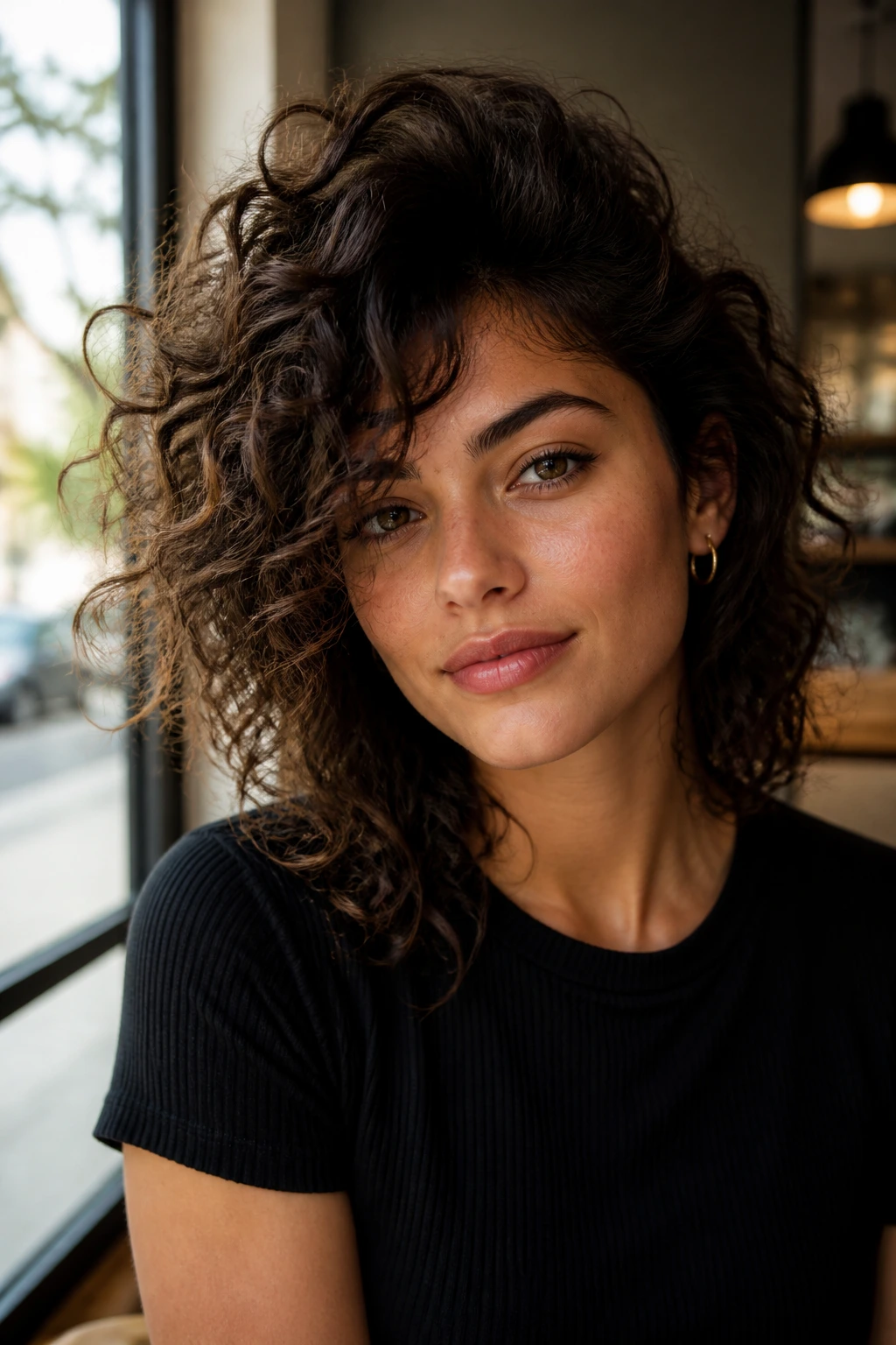 Close-up of real person with deep side-part volume shag and dramatic side sweep