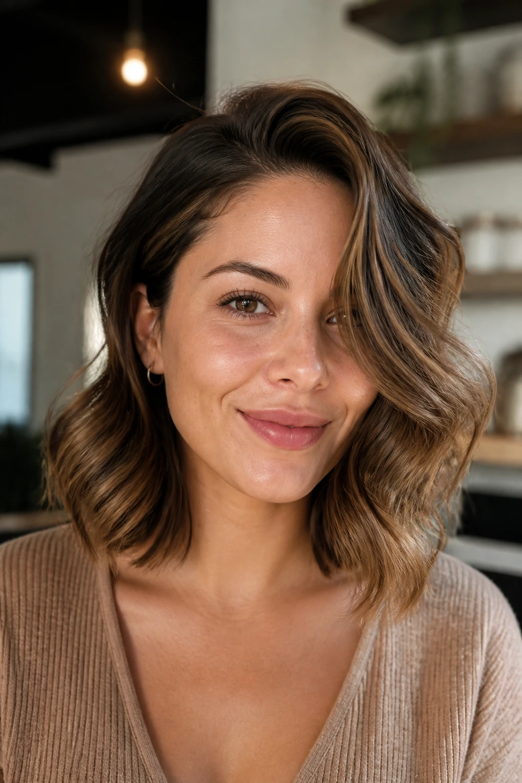 Portrait of a person with a deep side-part wave adding length without volume loss.