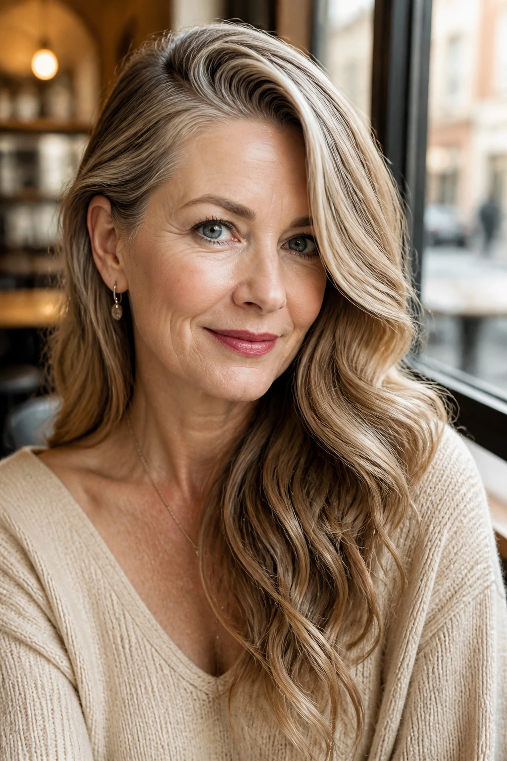 Portrait of a real woman with a deep side part and waves in a cafe setting.