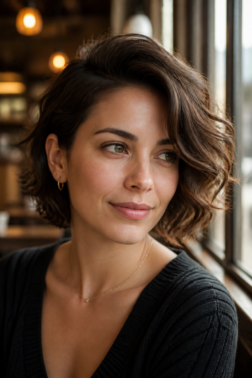 Portrait of a woman with a deep side part and swept short waves
