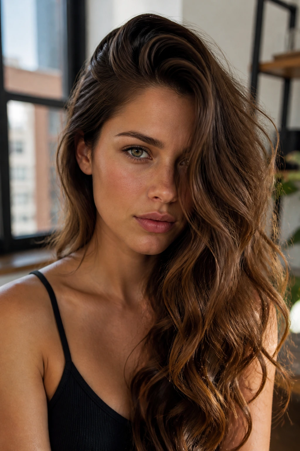 Close-up of a real woman with a deep side part and waves cascading over one shoulder.