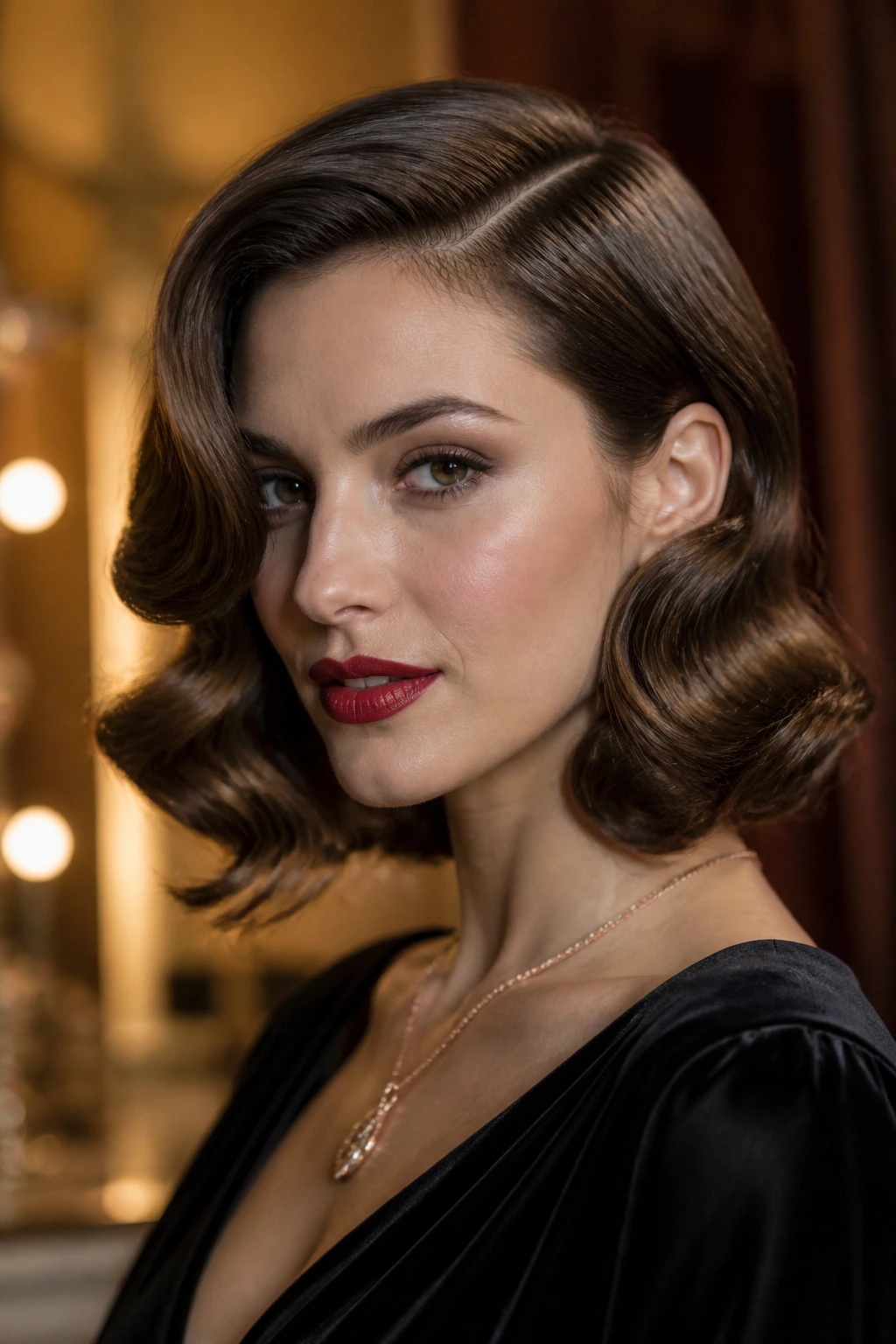 Portrait of a woman with a deep side part and Old-Hollywood waves
