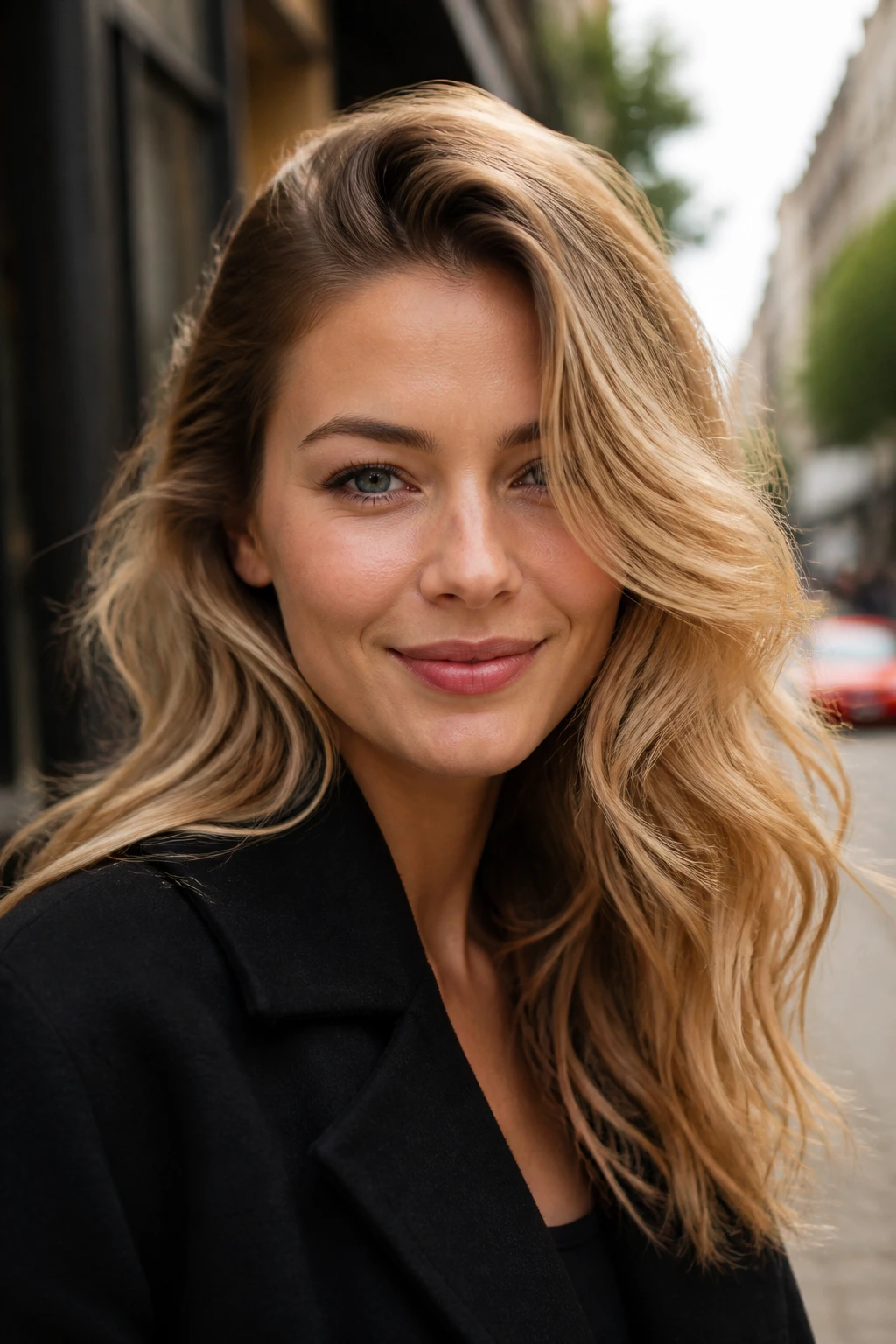 Real woman with deep side-part waves outdoors