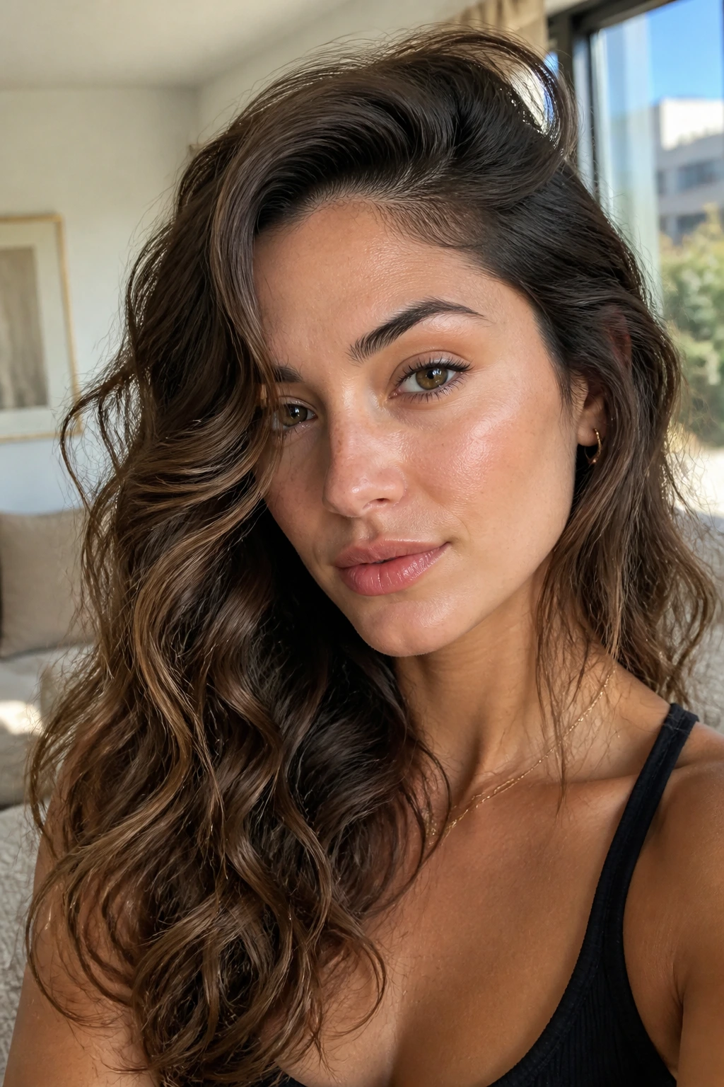 Close-up of a real woman with a deep side part and dramatic wavy hair