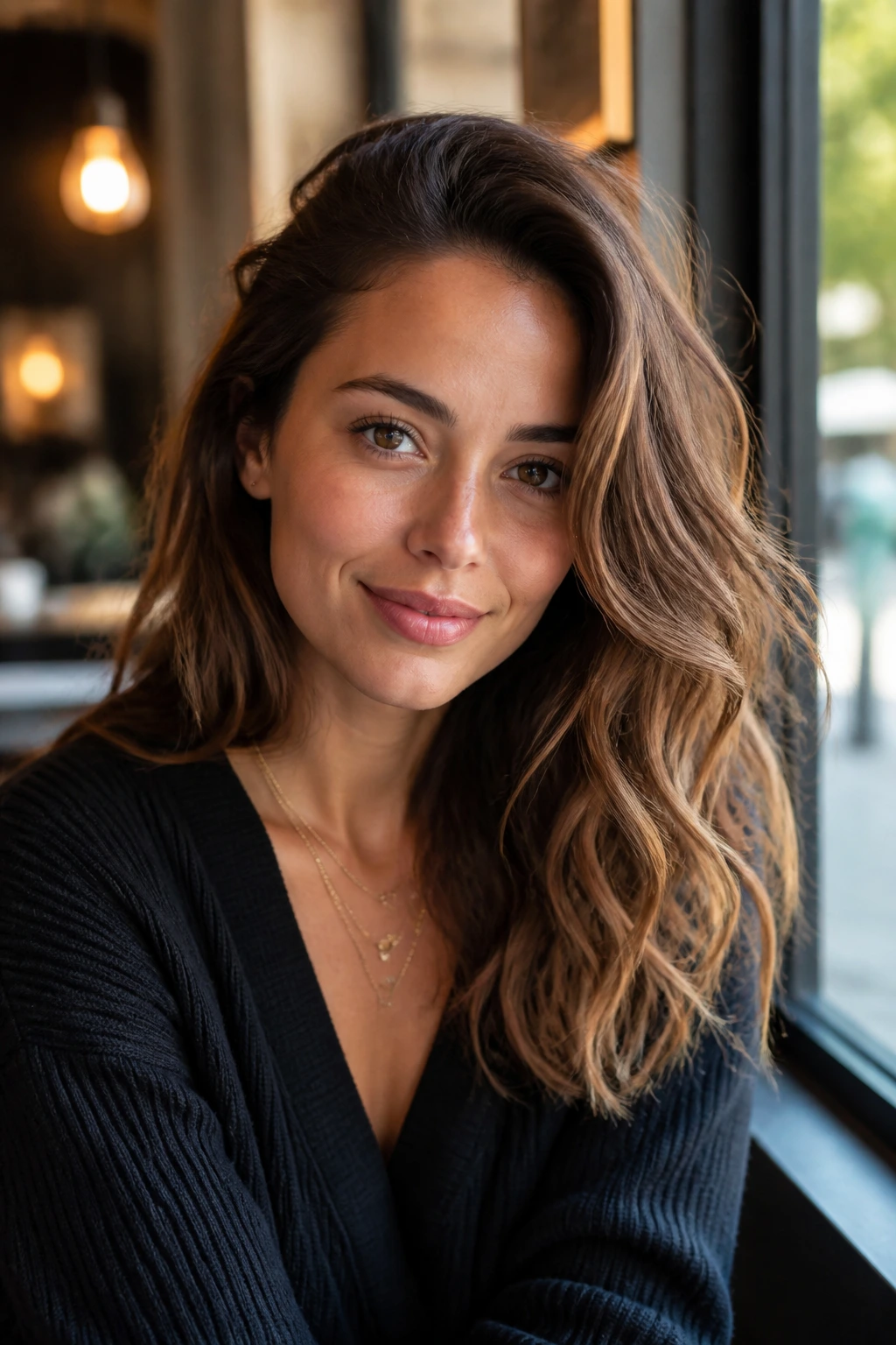 Portrait of a real woman with a deep side part and loose waves