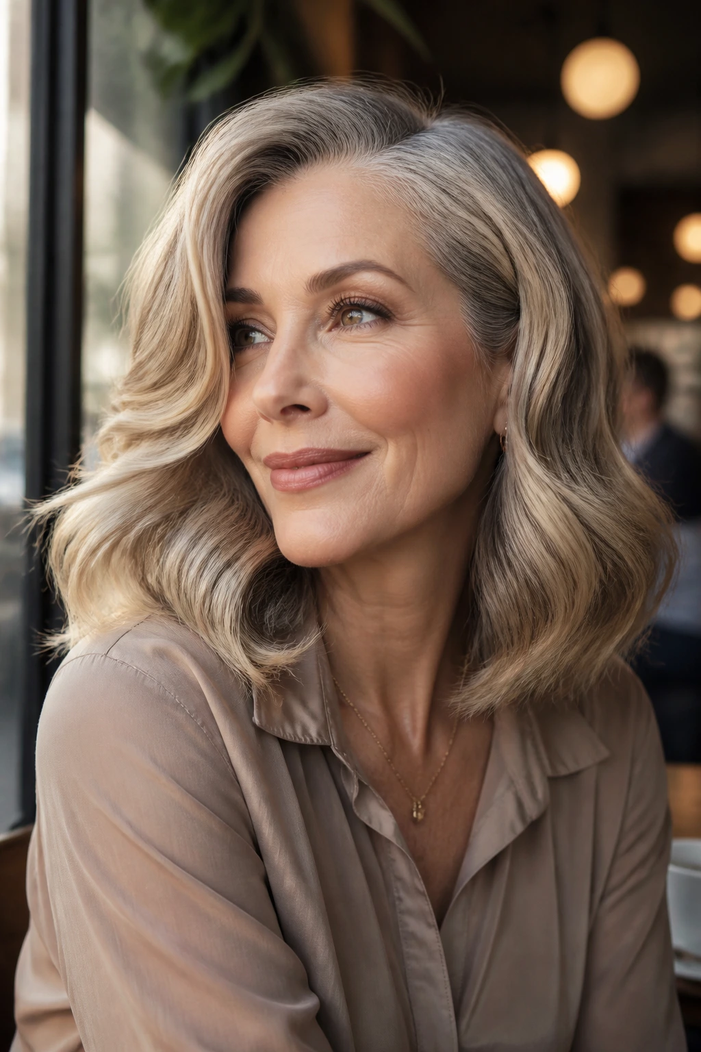 Close-up of a real woman with deep side-part and polished glam waves.