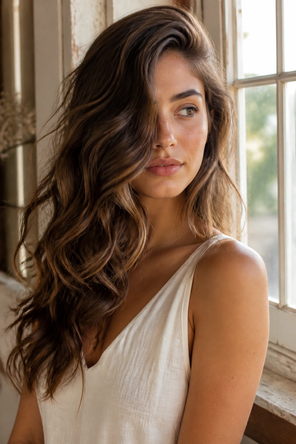 Three-quarter portrait of deep side-part waves sweeping across the cheek
