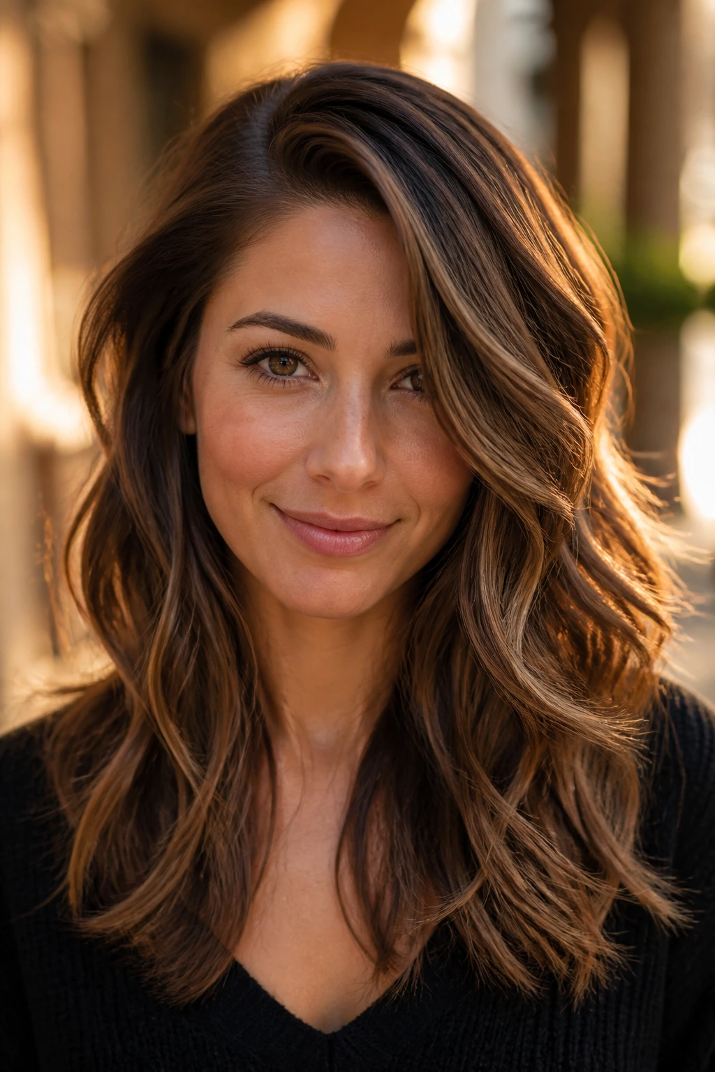 Close-up of a woman with deep side-part waves and long layers