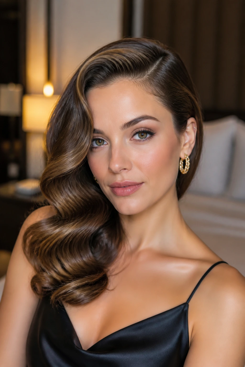 Close-up of a real woman with deep side-part glam waves