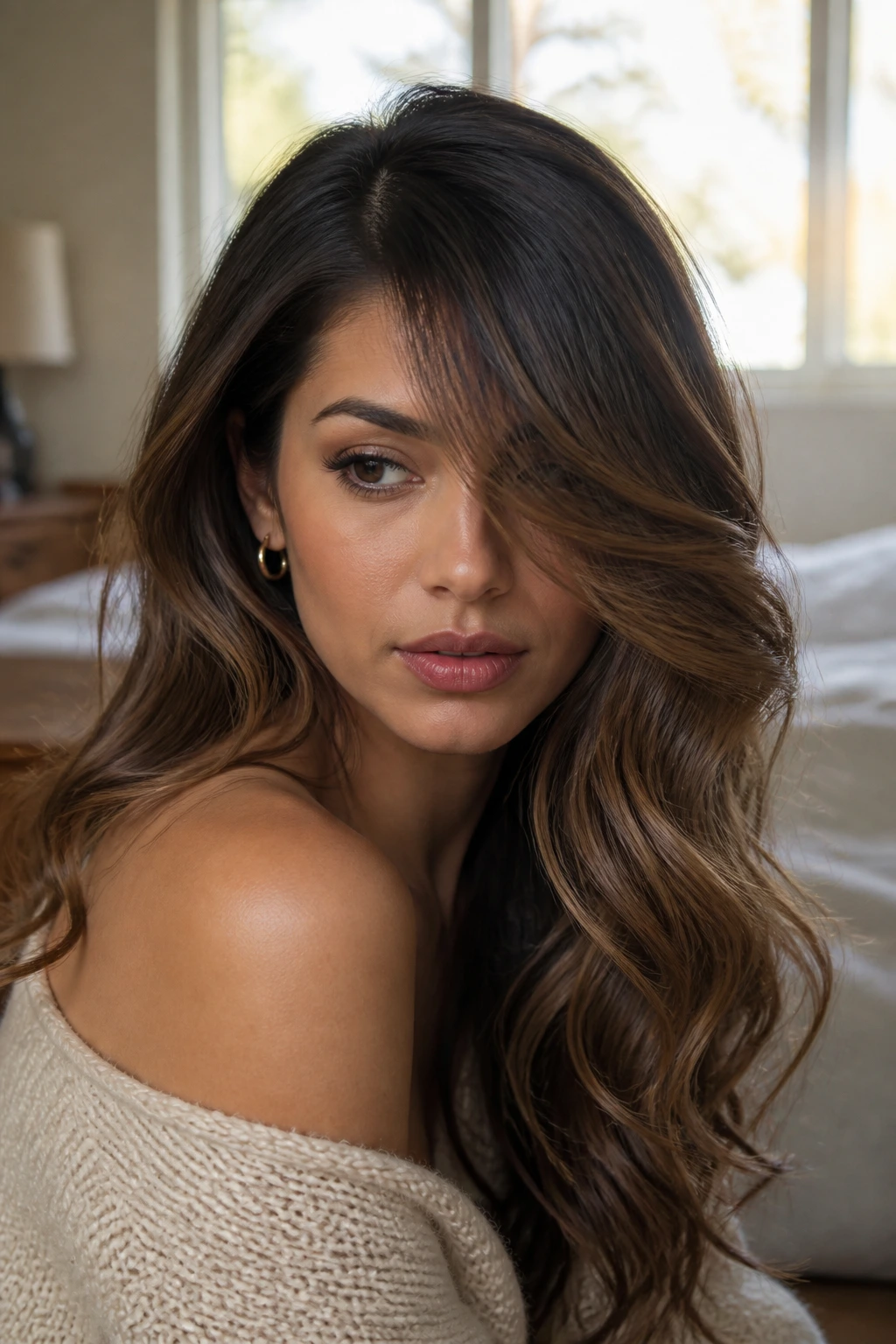 Close-up of a real woman with a deep side part and long sweeping bangs blending into waves