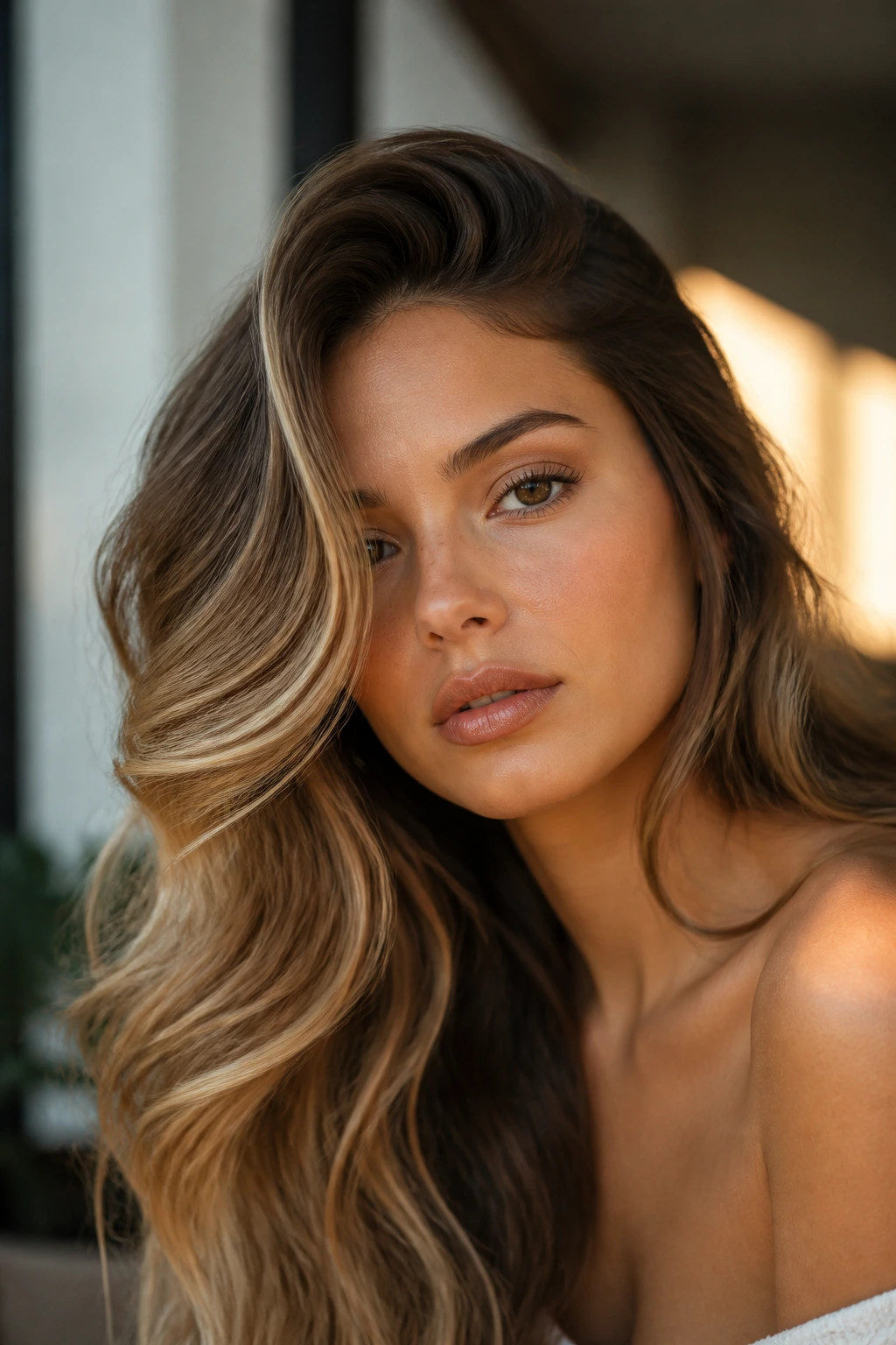 Close-up of deep side-part waves with crown lift on long hair