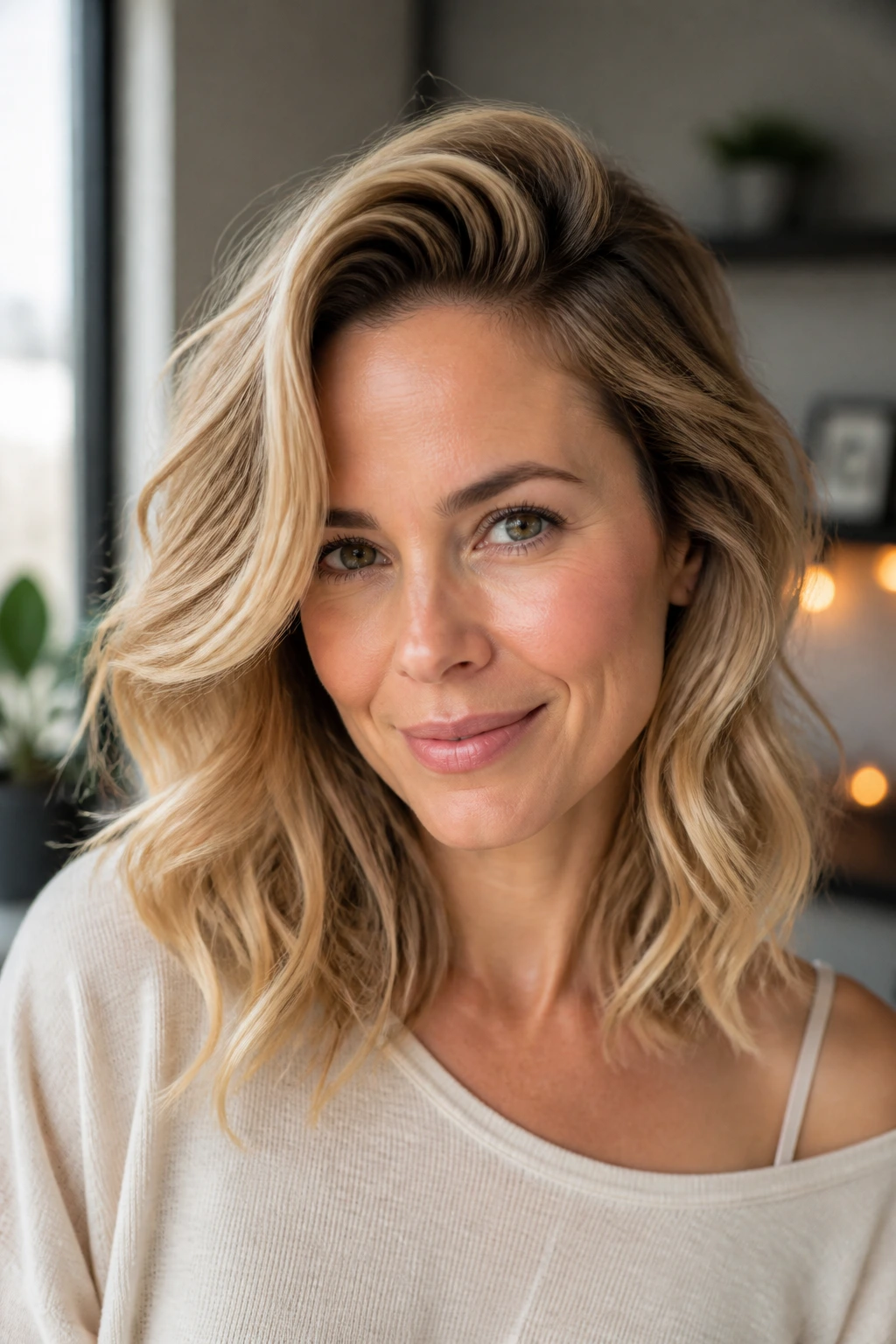 Portrait of a woman with a deep side-part and lifted crown waves