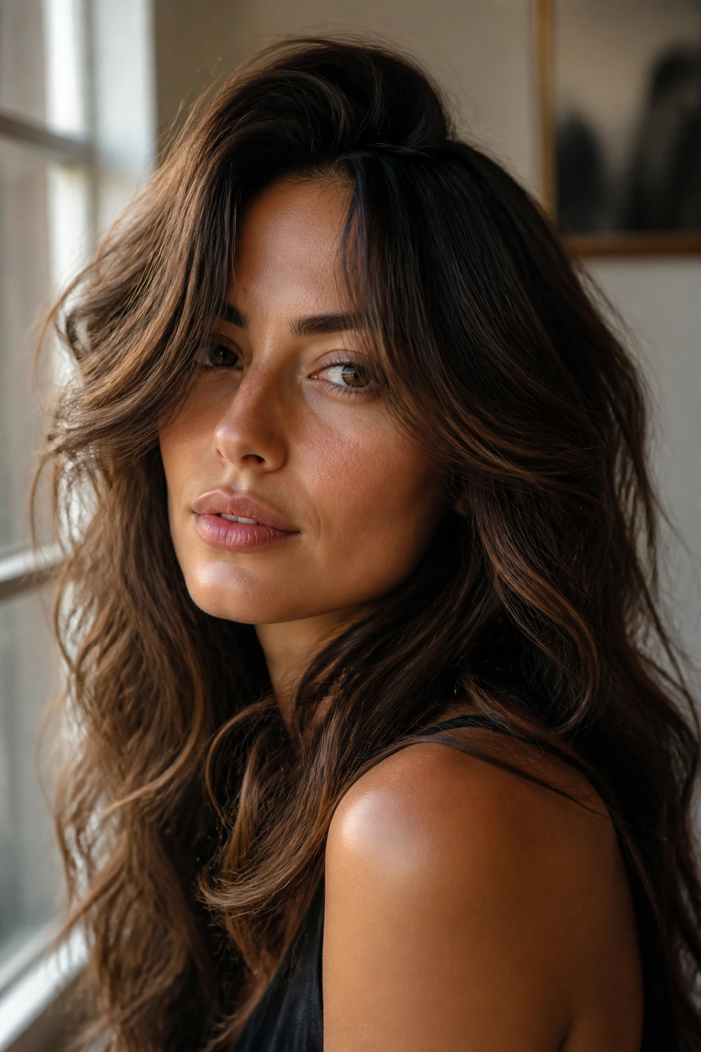 Close-up of a woman with a deep side part and split curtain bangs, soft waves framing her face