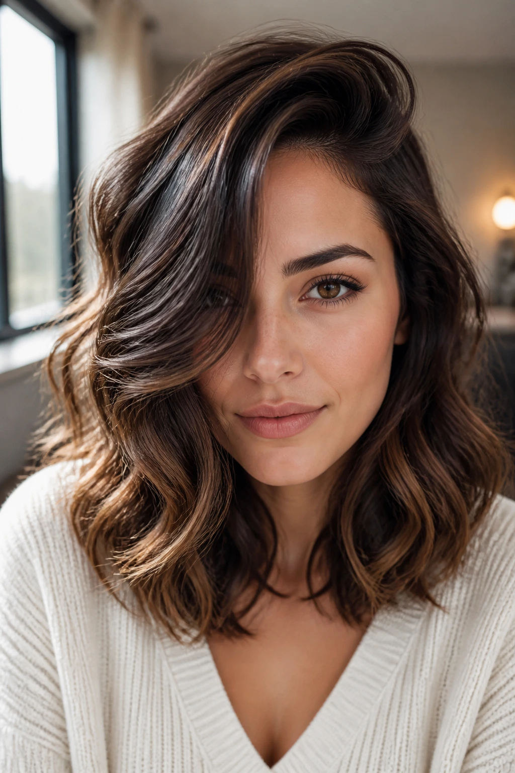 Close-up of a real person with a deep side part and front-swept waves