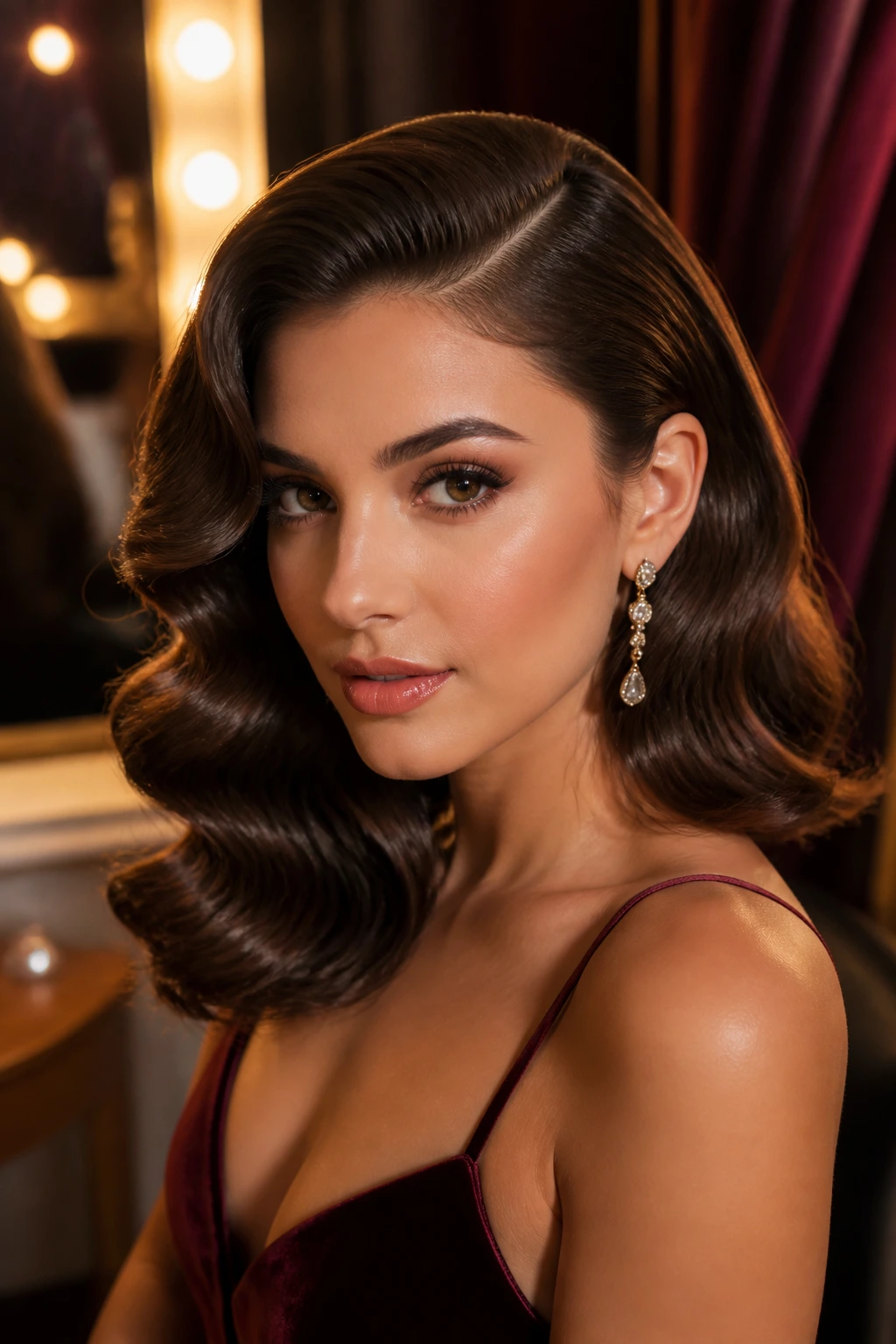 Hollywood waves with deep side part on a real woman