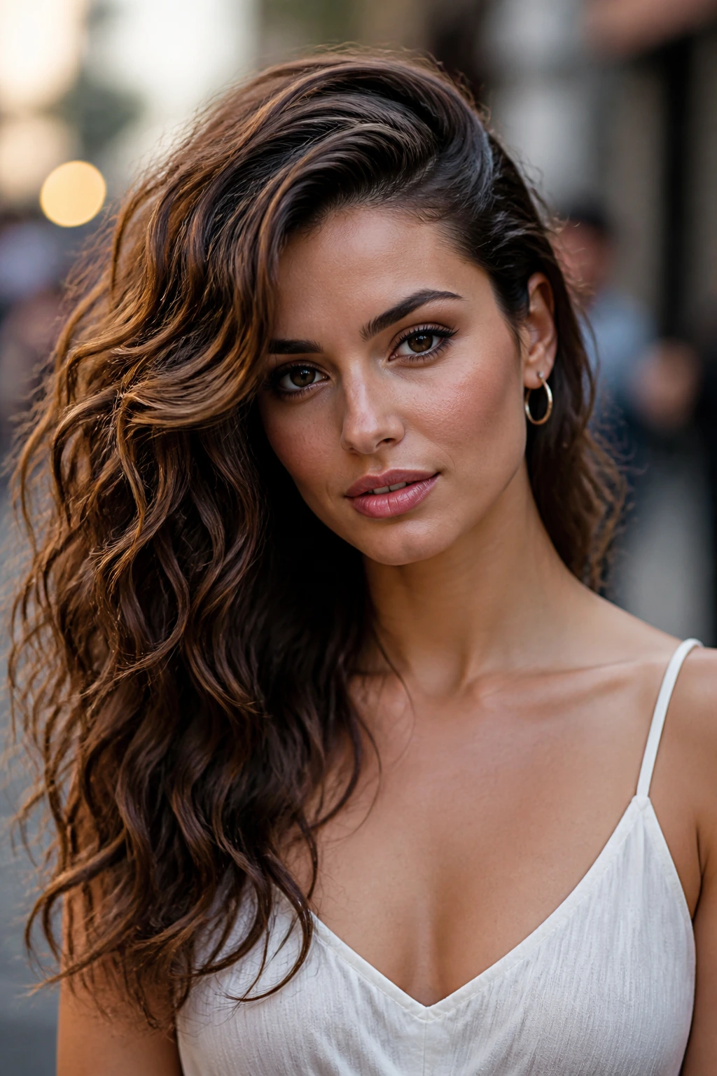 Real woman with deep side part waves close-up portrait