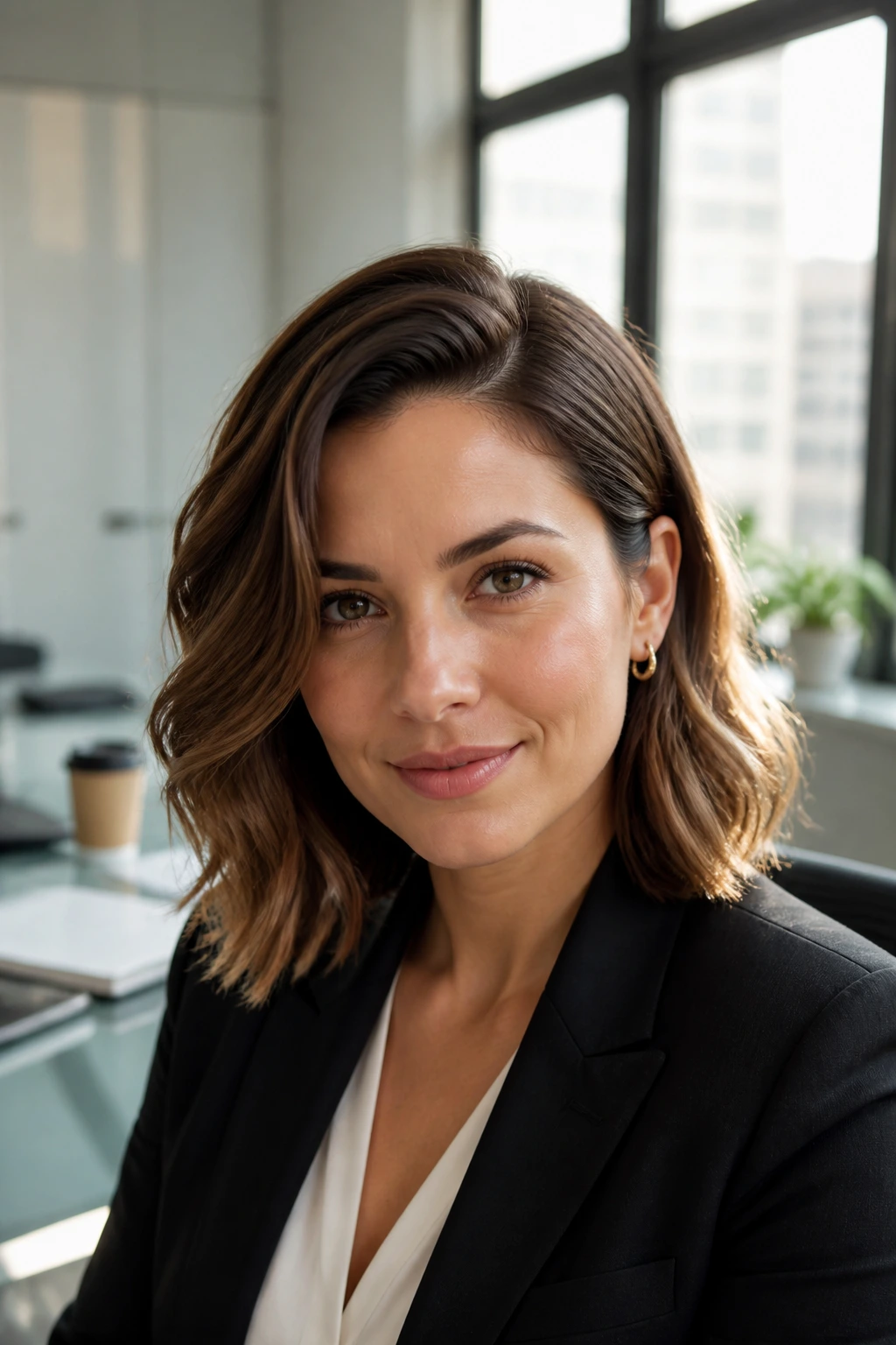 Close-up of deep side-part waves on a real woman in a bright office setting