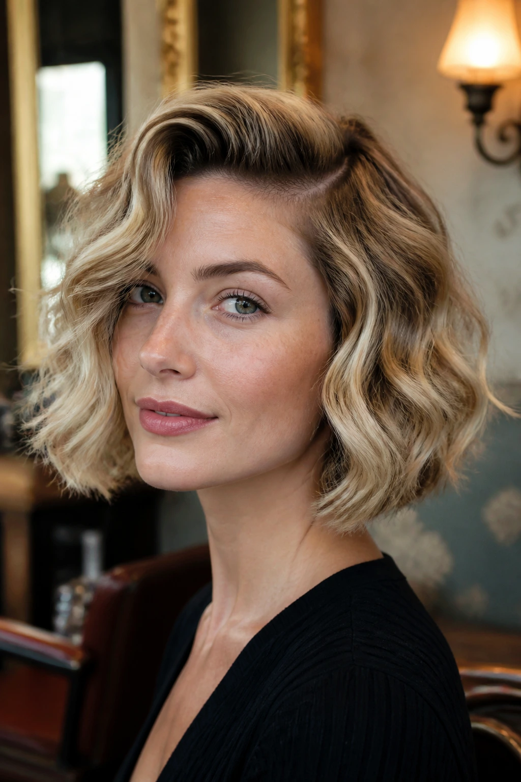 Real woman with deep side-part waves and lift in warm light