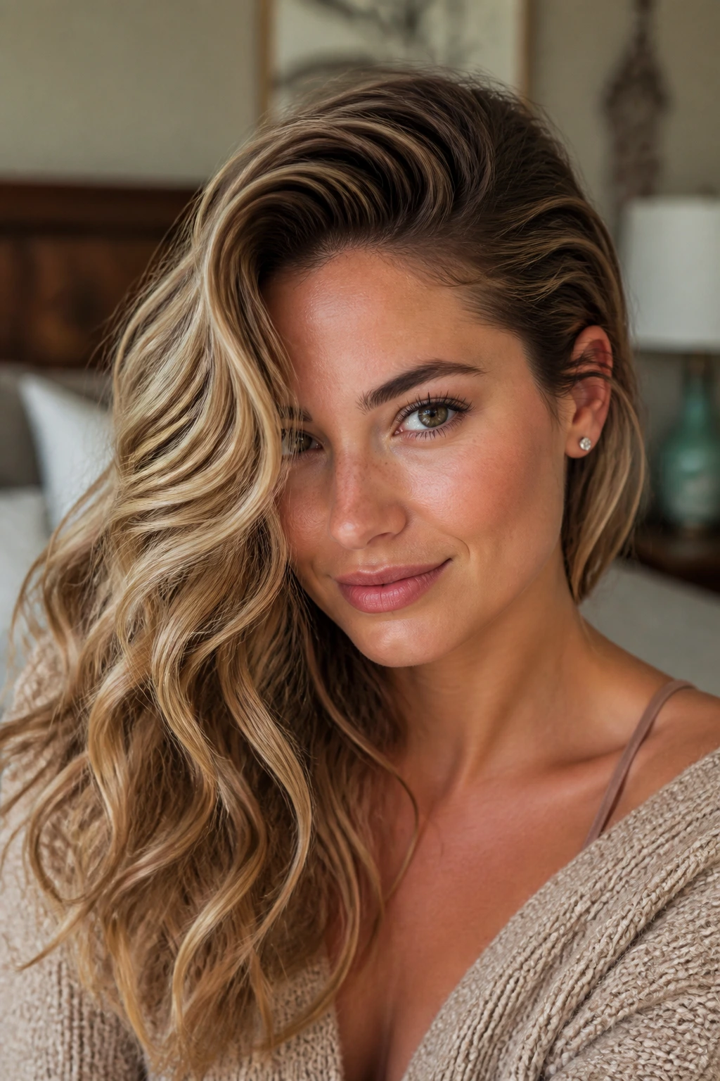 Close-up of a woman with deep side-part waves in natural light