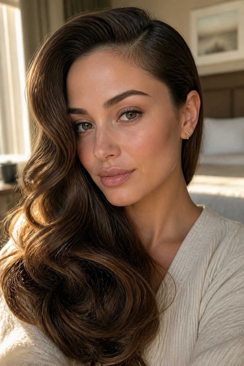 Close-up portrait of a woman with a deep side part and Hollywood waves
