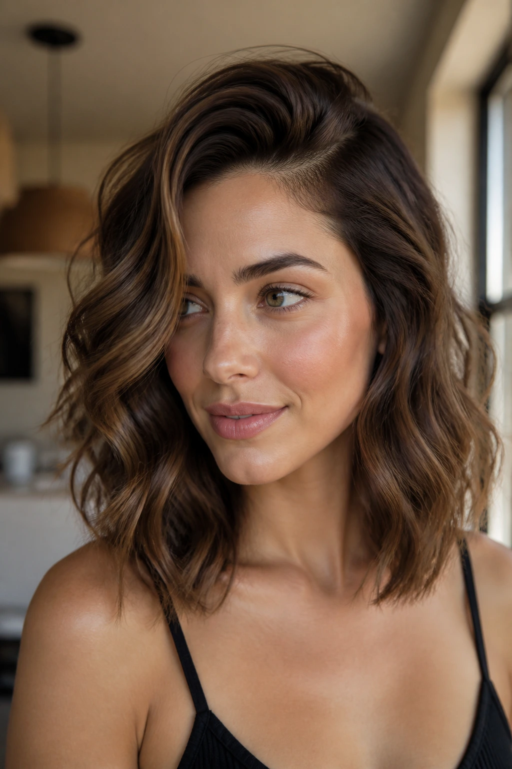 Close-up of a real woman with a deep side-part and broad waves