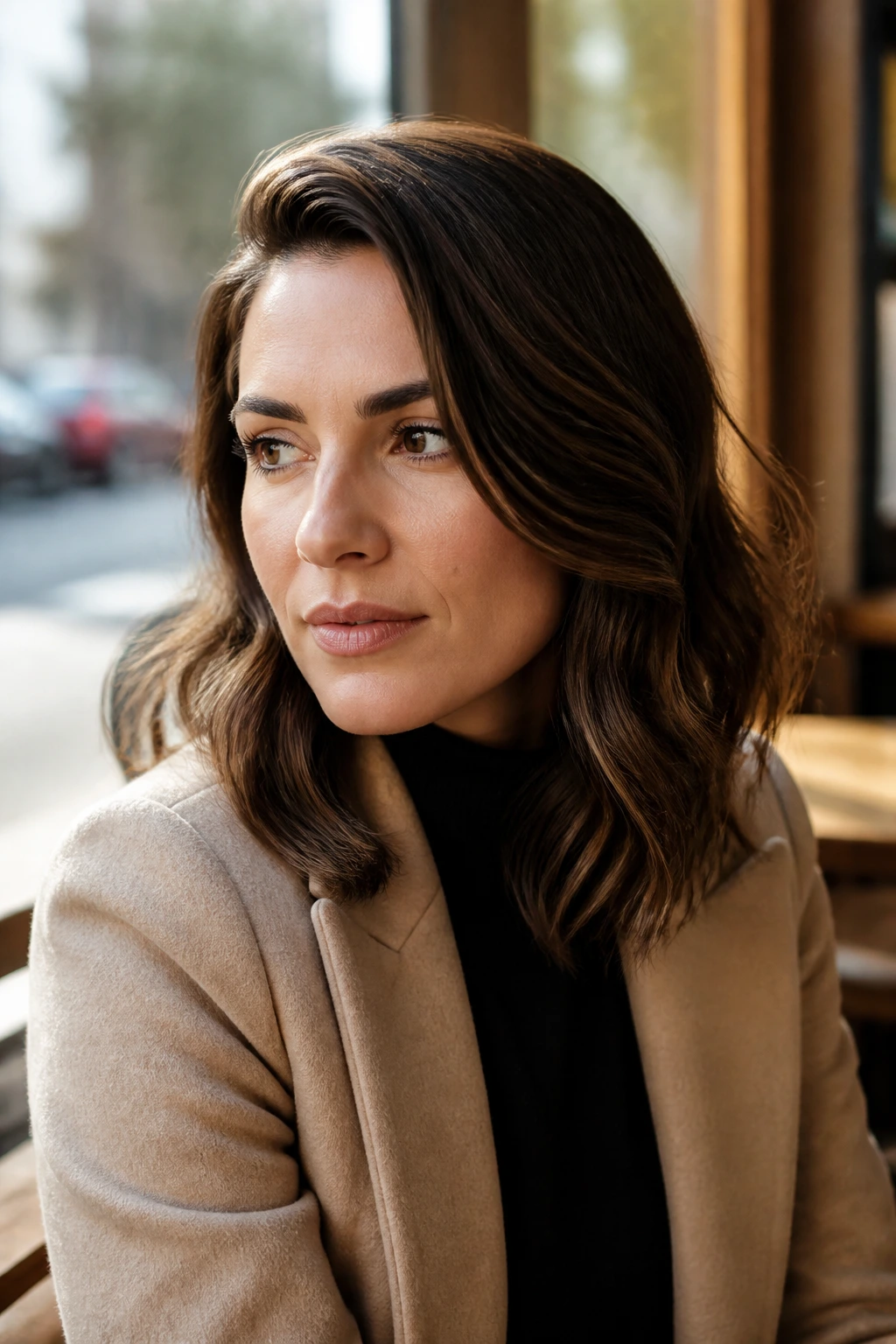 Portrait of a real woman with deep side-part waves at shoulder length