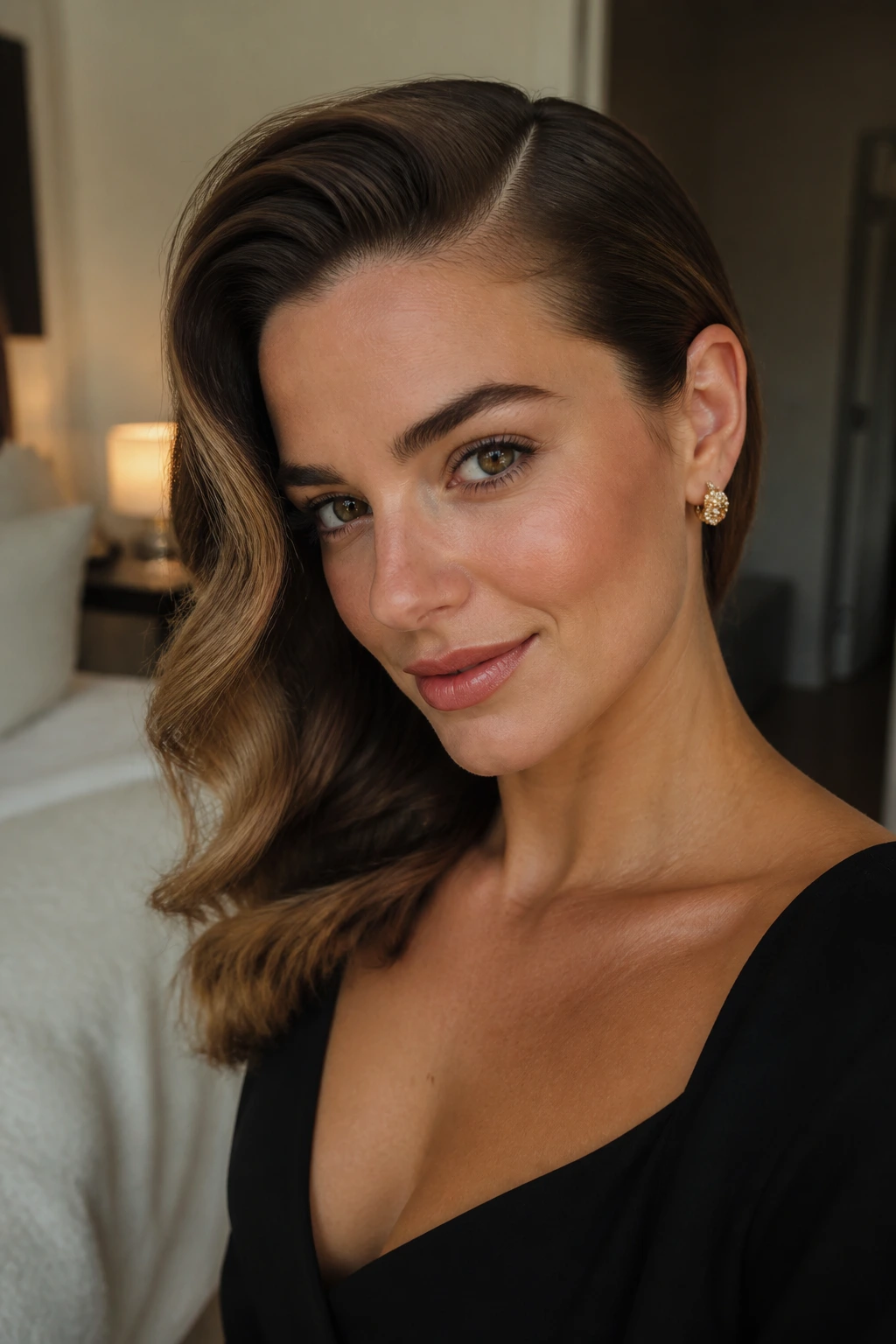 Close-up of a real woman with a deep side part and tucked waves for a holiday look