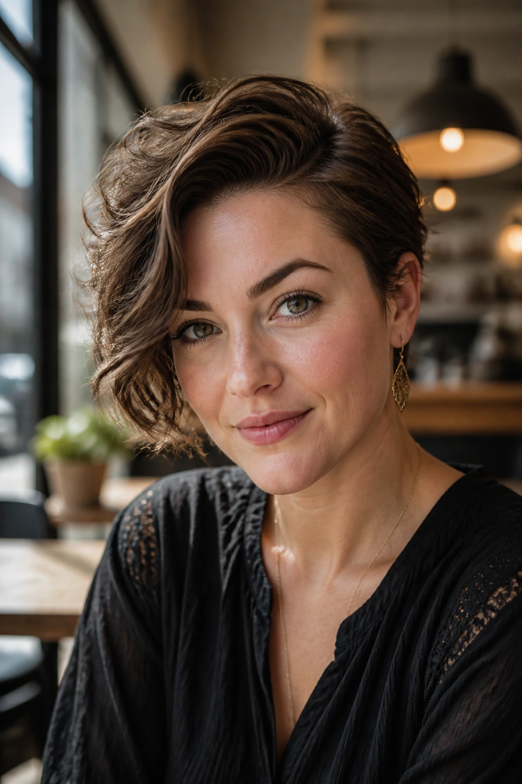 Portrait of a real woman with a deep side-parted wavy pixie in a cafe setting