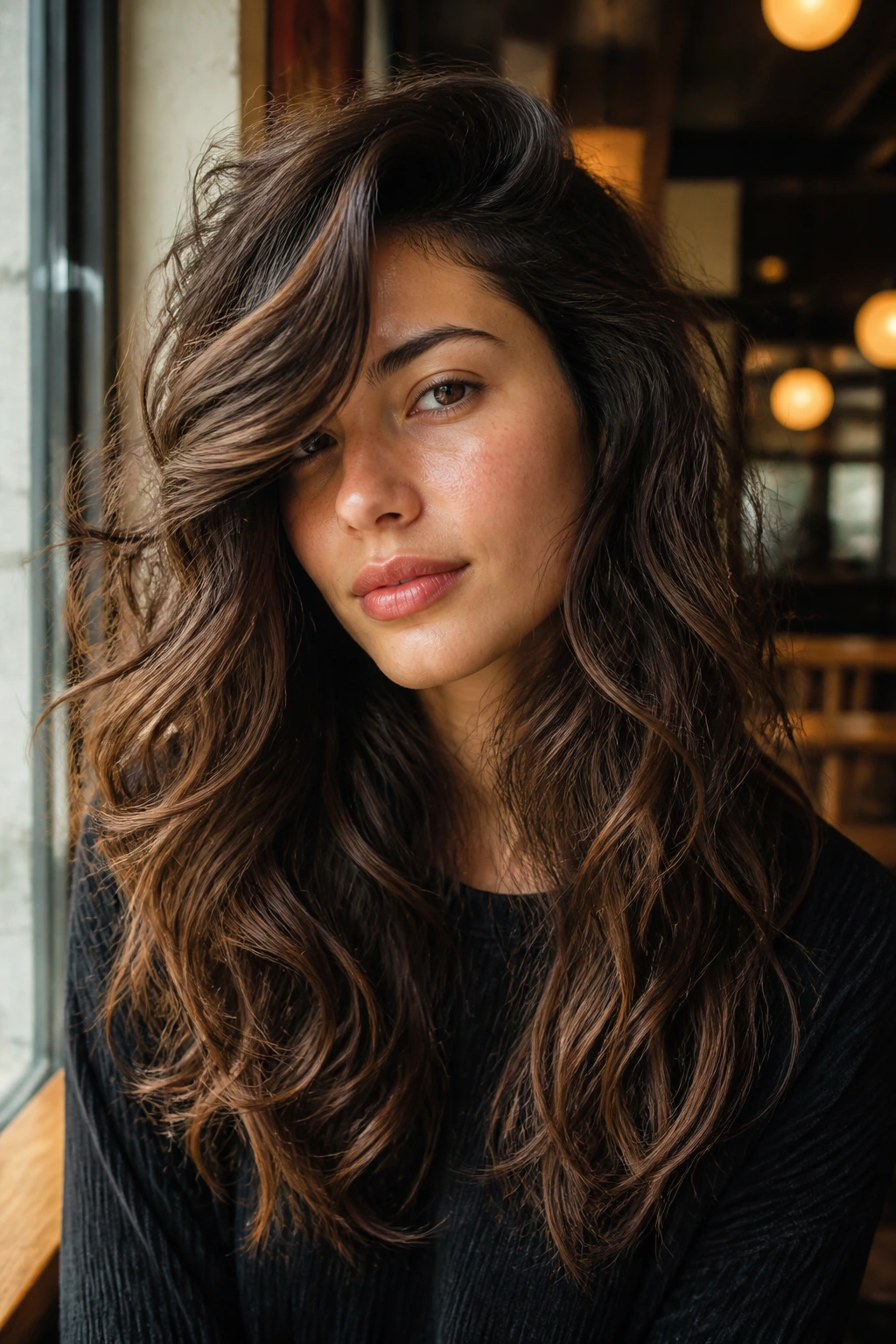 Real person with a deep side-part swept wolf haircut.