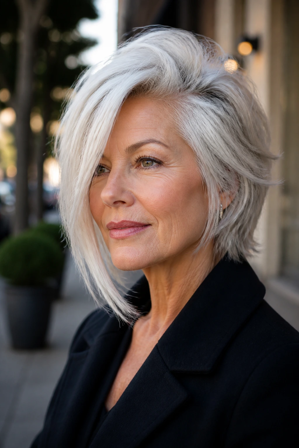 Real woman with deep side-part wolf cut, long sweep platinum