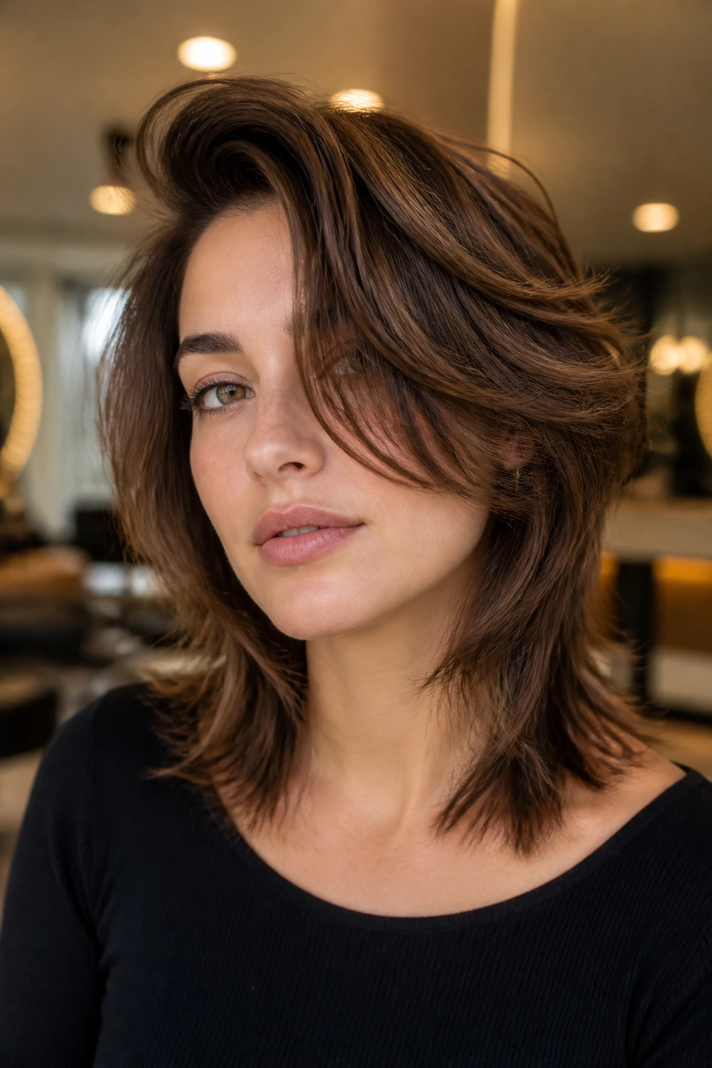 Close-up of a real woman with a deep side-part wolf cut and lifted crown