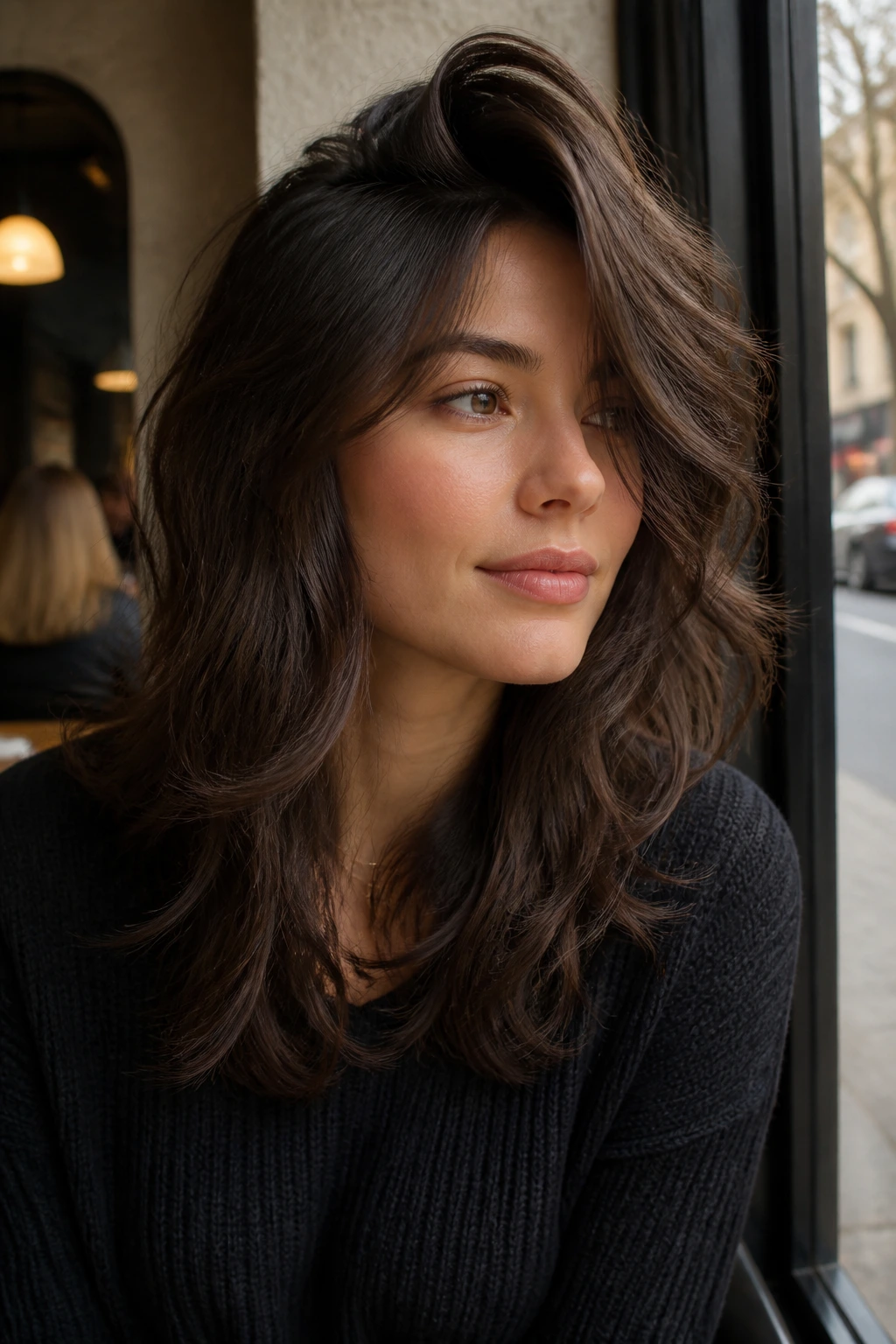 Close-up portrait of a real person with a deep side-part wolf cut