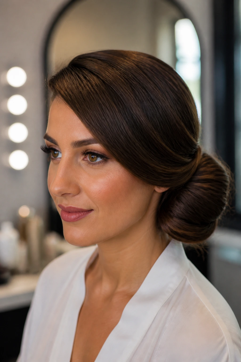 Close-up portrait of a woman with a deep side-parted sculpted bun under warm window light